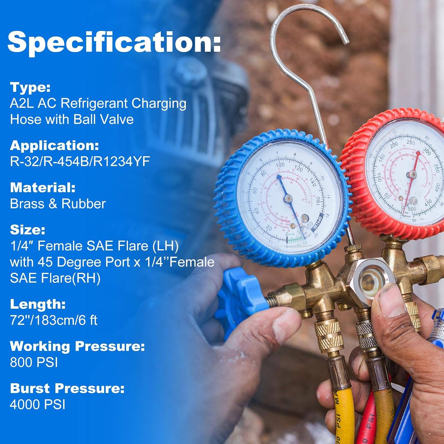 A2L Refrigerant Charging Hose with Ball Valve for R-32 & R-454B, - photo 5