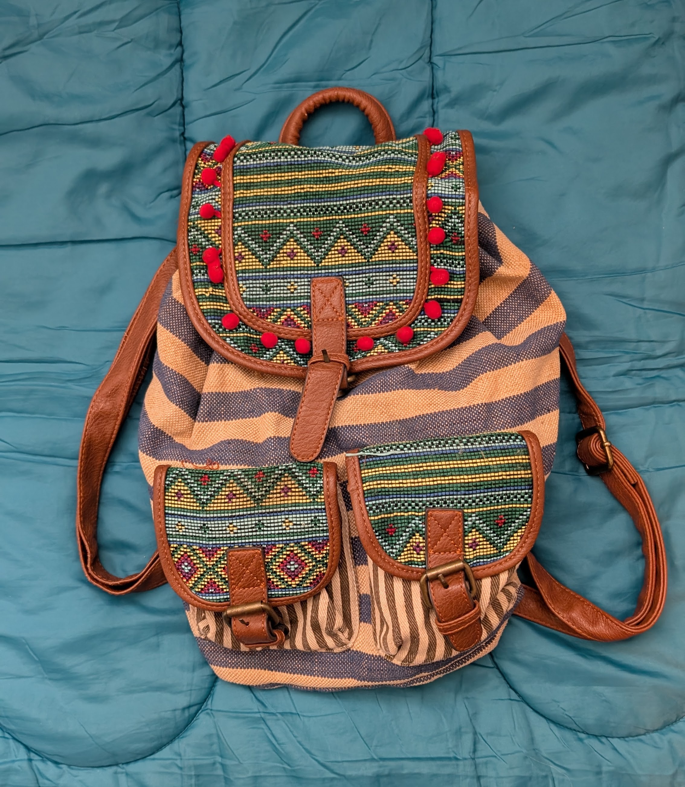 Boho Tapestry & Pom-Pom Canvas Backpack 🎒