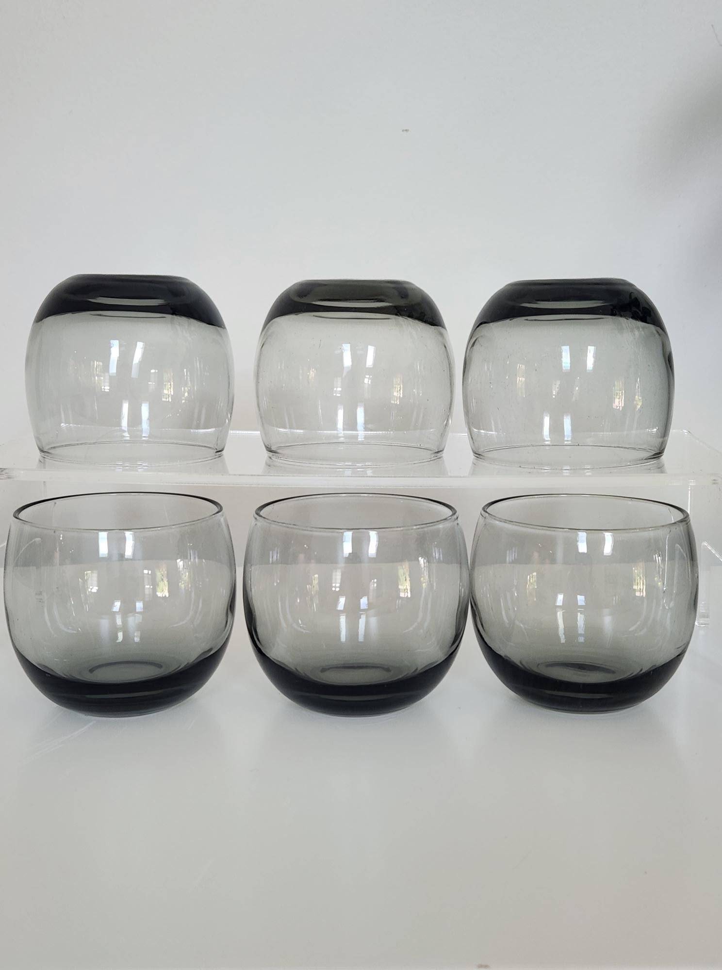 Smoked Glass Roly Poly Lowball Tumblers-Vintage Barware (6 Set)