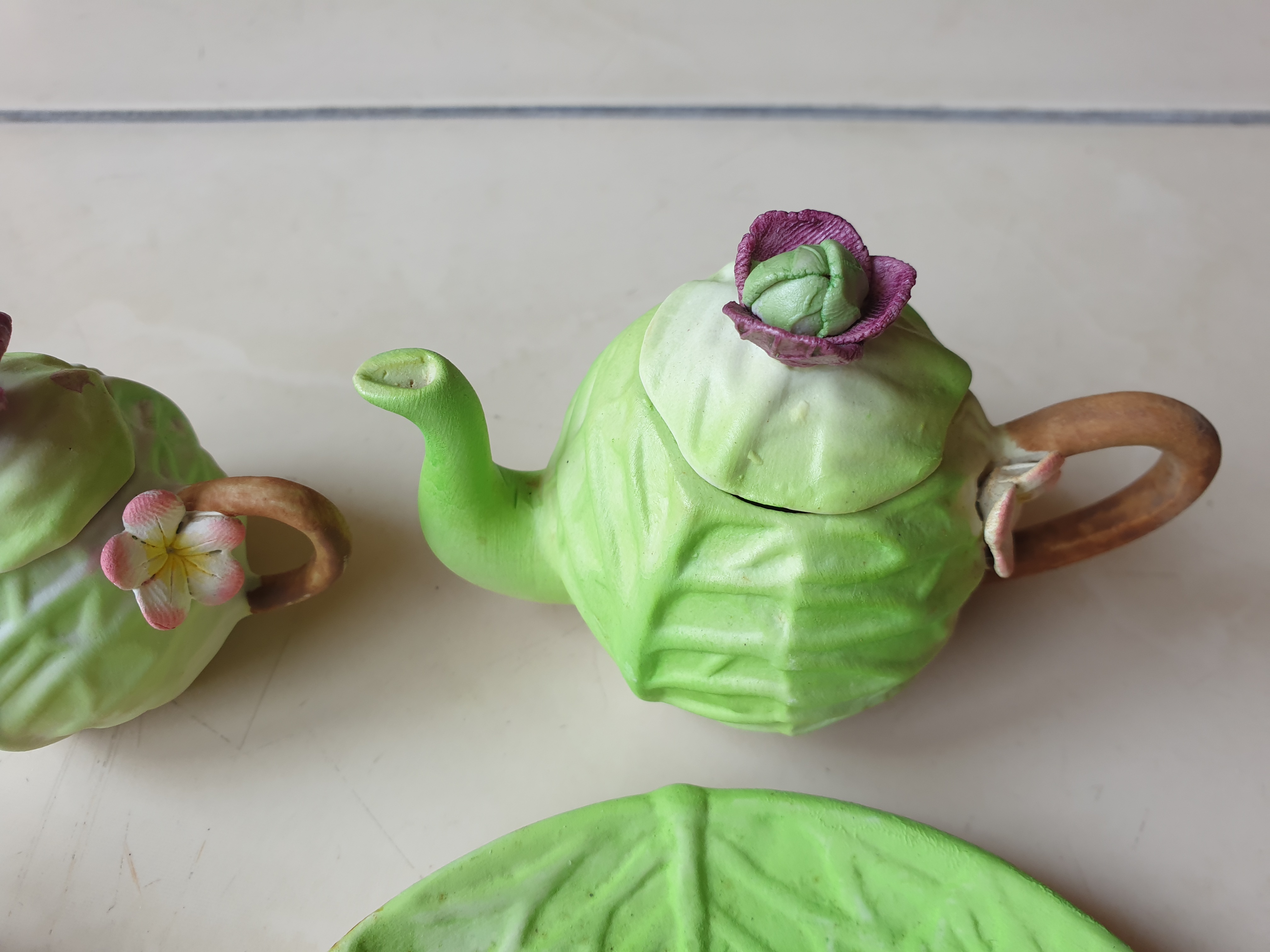 Vintage handmade miniature cabbage teacup plate set - photo 5