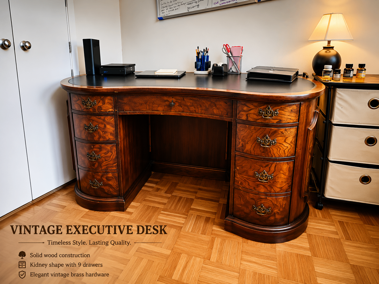 Vintage Executive Desk • Solid Wood • 9 Drawers • Home Office - photo 3