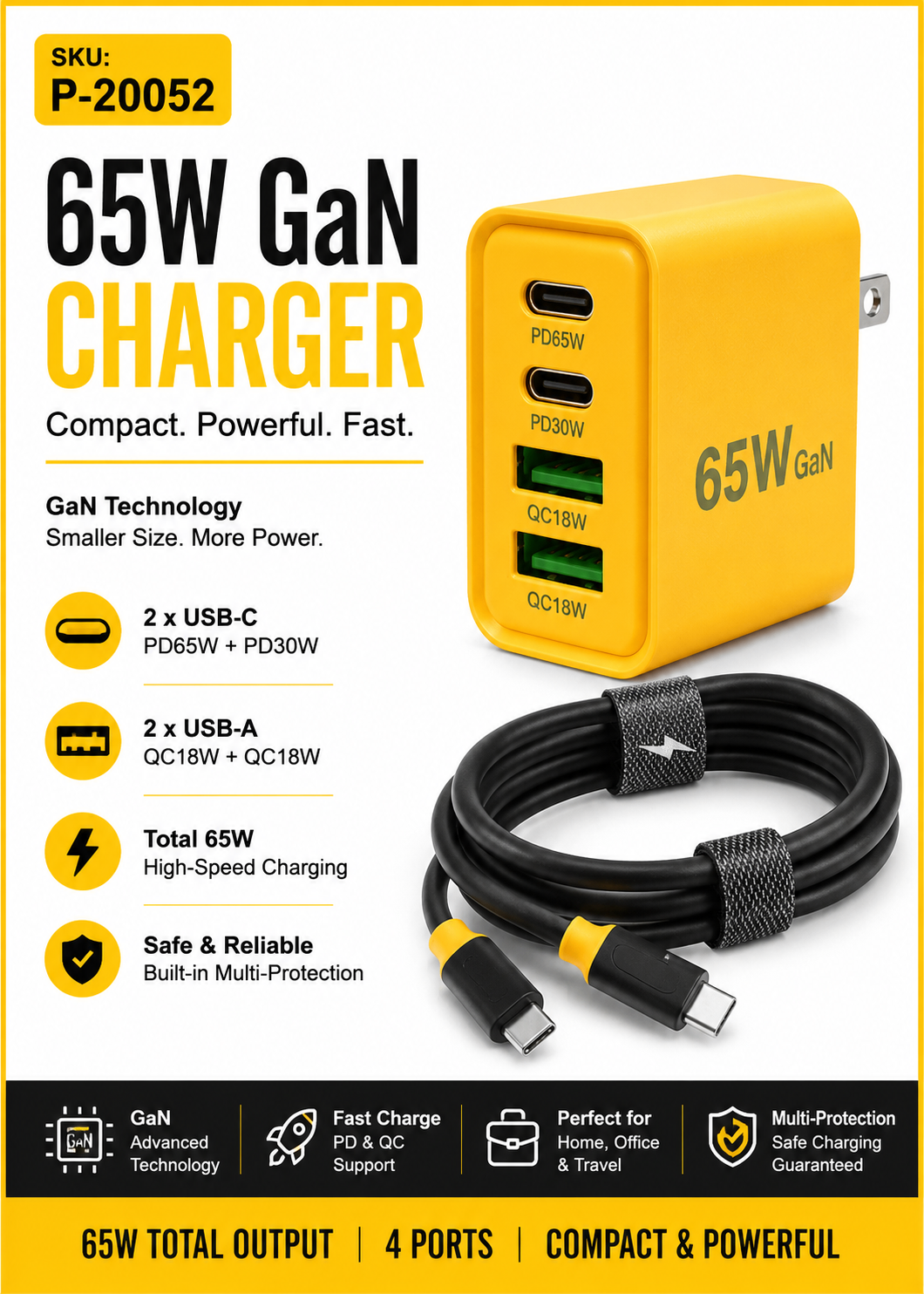 65W GaN USB-C Fast Charger with 100W USB-C Cable
