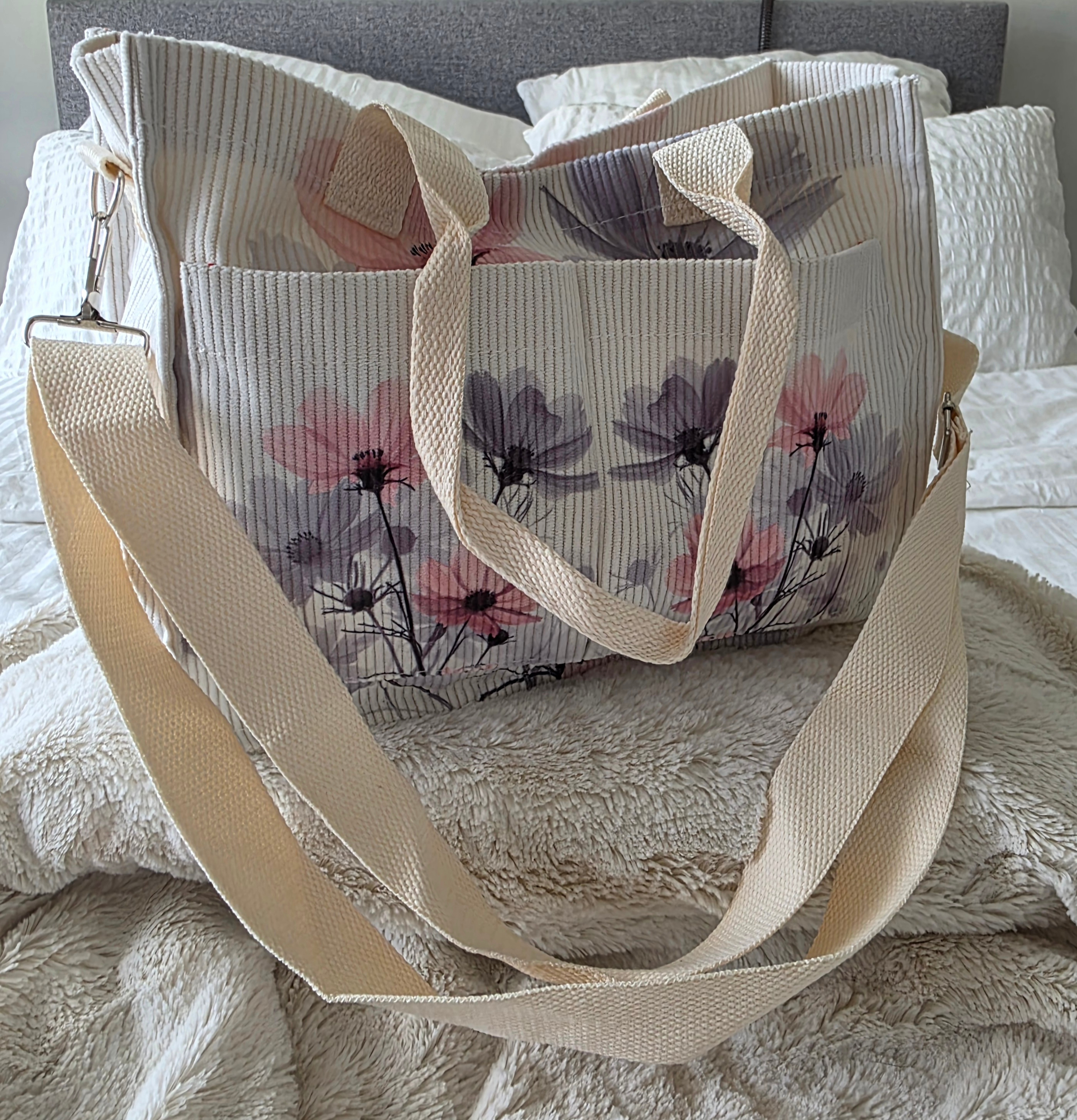 Ladies-Medium-Summer Style "Pink-Gray Floral" Corduroy Tote Bag
