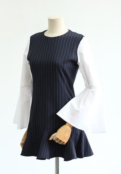 Made in Korea NEW Navy Blue Pinstripe Mini Dress Bell Sleeves - photo 2