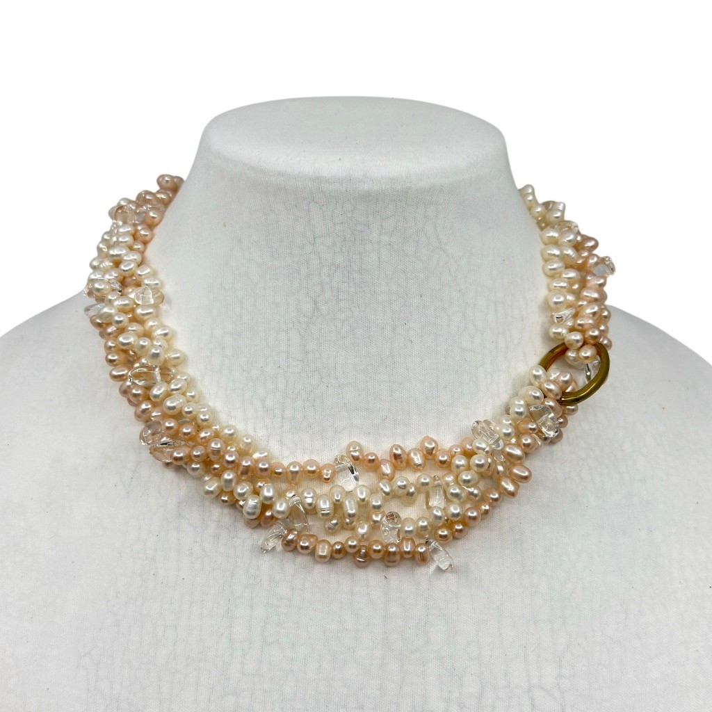 Gold Tone cultured pearl & quartz Torsade necklace