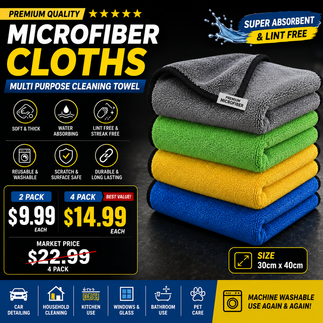 Premium 600 GSM Microfiber Cleaning Cloths | 2 Pack or 4 Pack