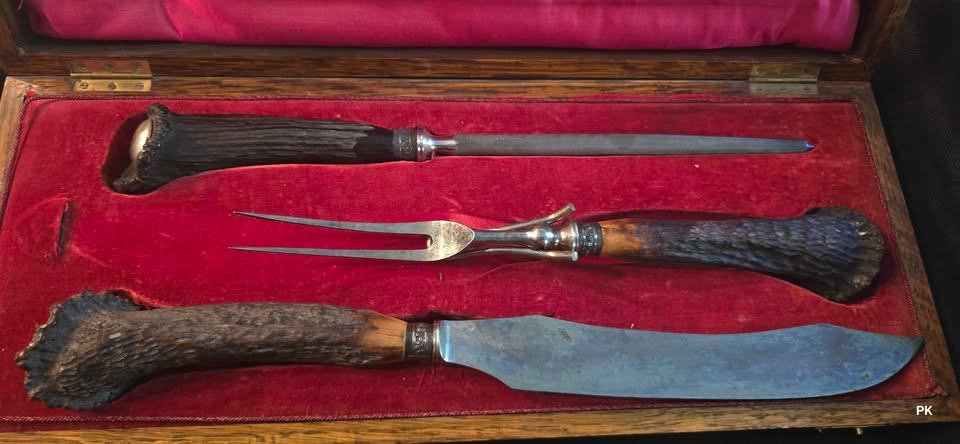 Antique Wostenholm IXL Sheffield Stag Handle Carving Set w/ Case - photo 2