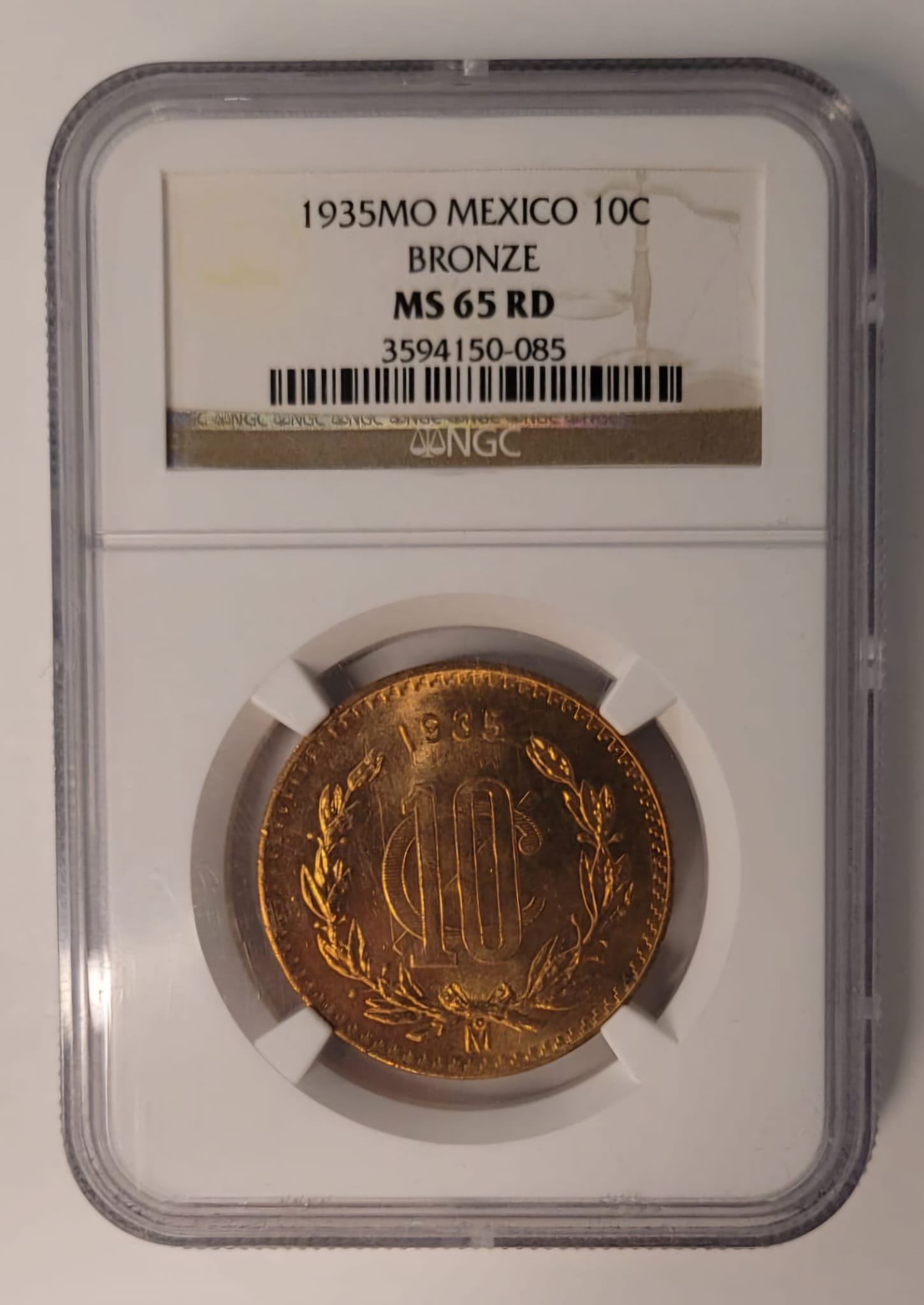 NGC Certified 1935 Mexico 10 Centavos Coin - Mint State 65 Red
