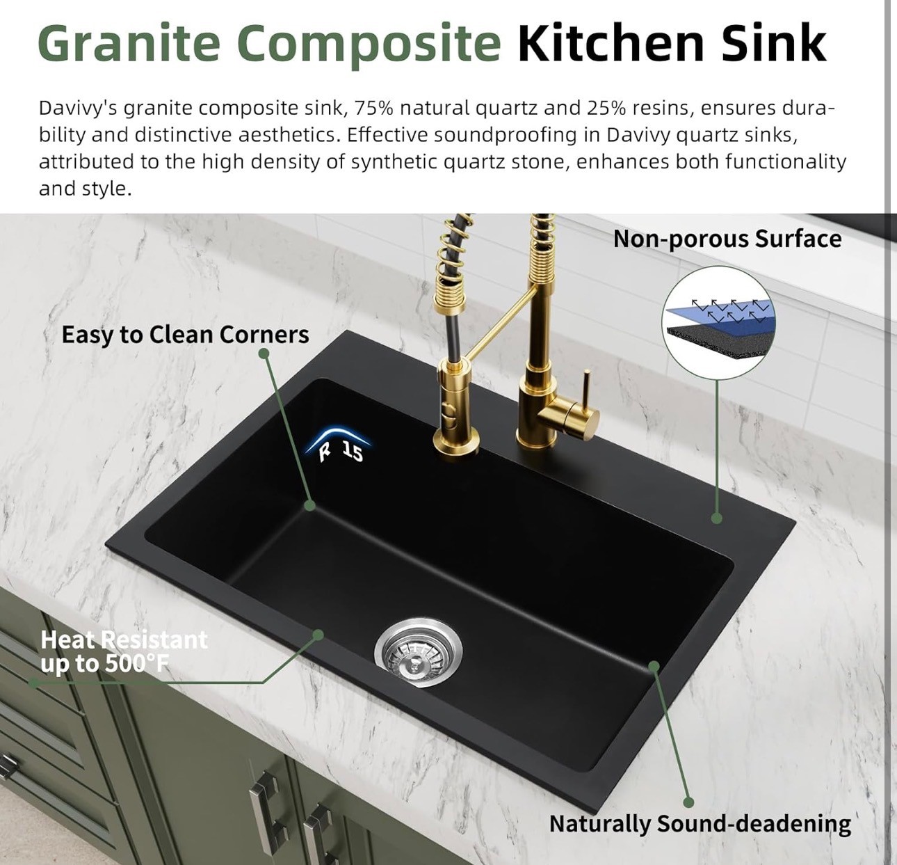 NEW: Black Quartz Granite Kitchen Sink 27X19x9 Dual Mount - photo 4