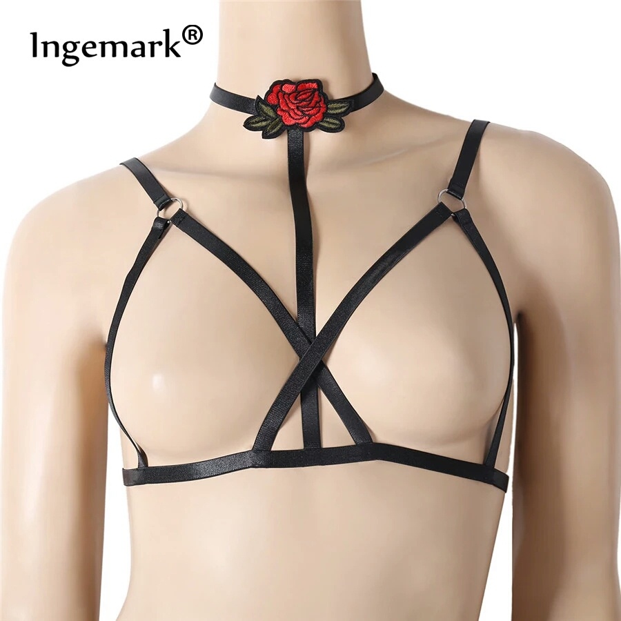 Black Embroidered Rose Harness Bra - photo 3