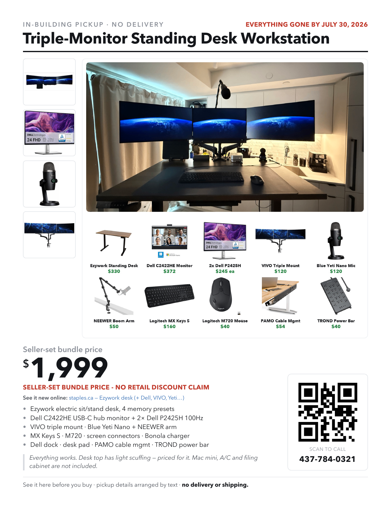 Standing Desk + 3 Dell Monitors + VIVO Arms + Yeti Nano Bundle