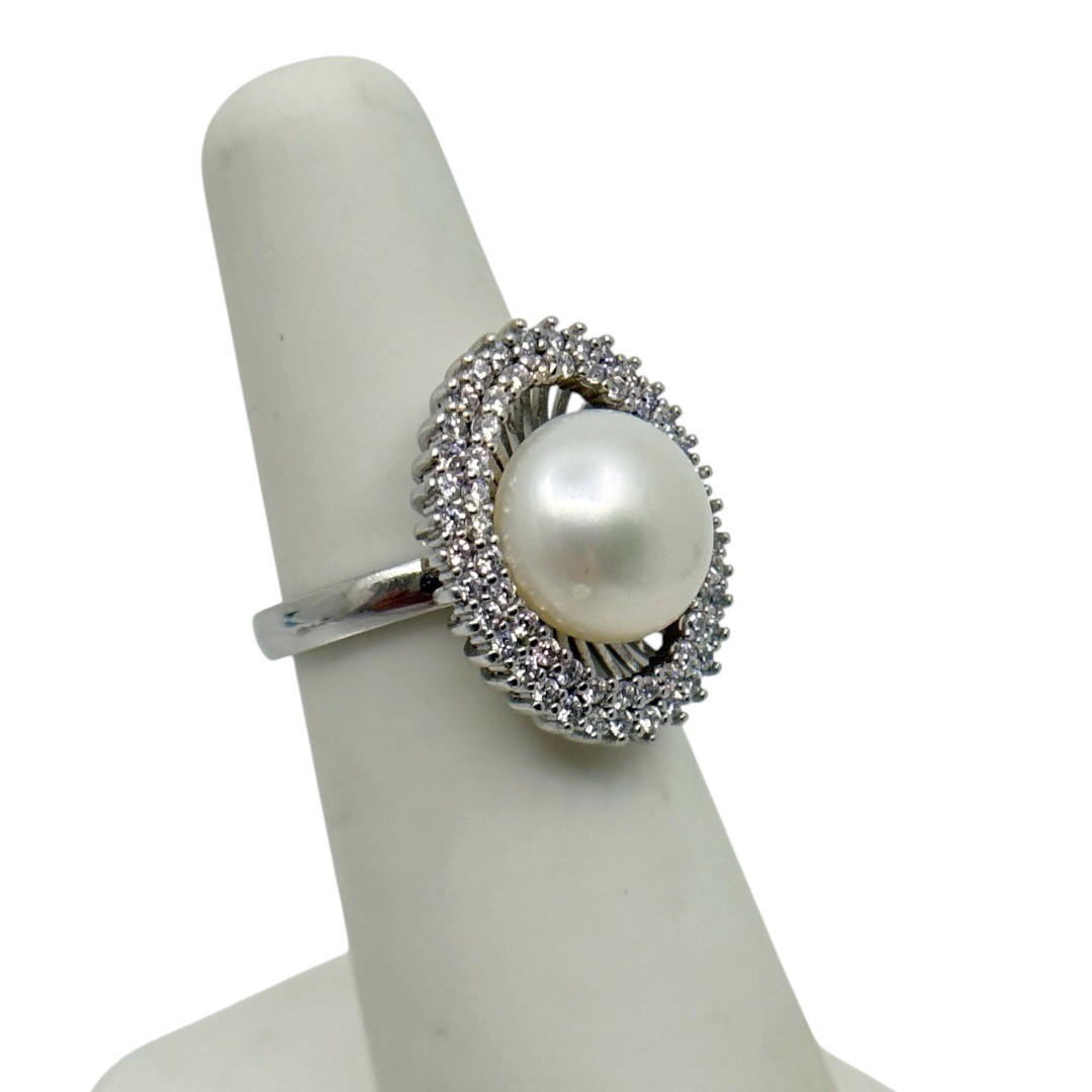 925 sterling silver 11mm freshwater pearl & cubic zirconia ring - photo 3