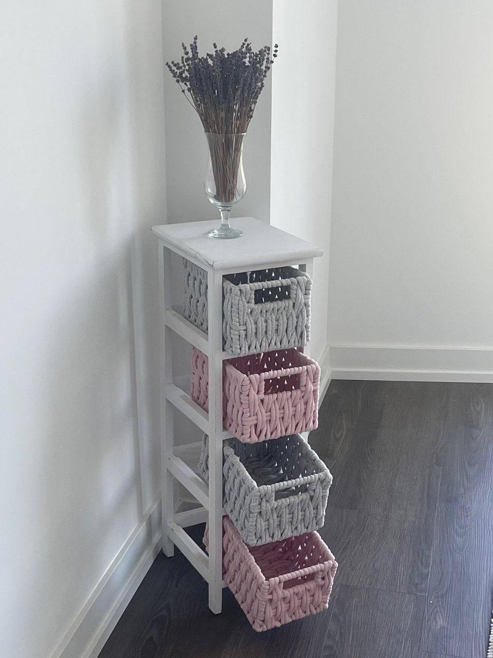 White Storage Tower with 4 Fabric Storage Baskets