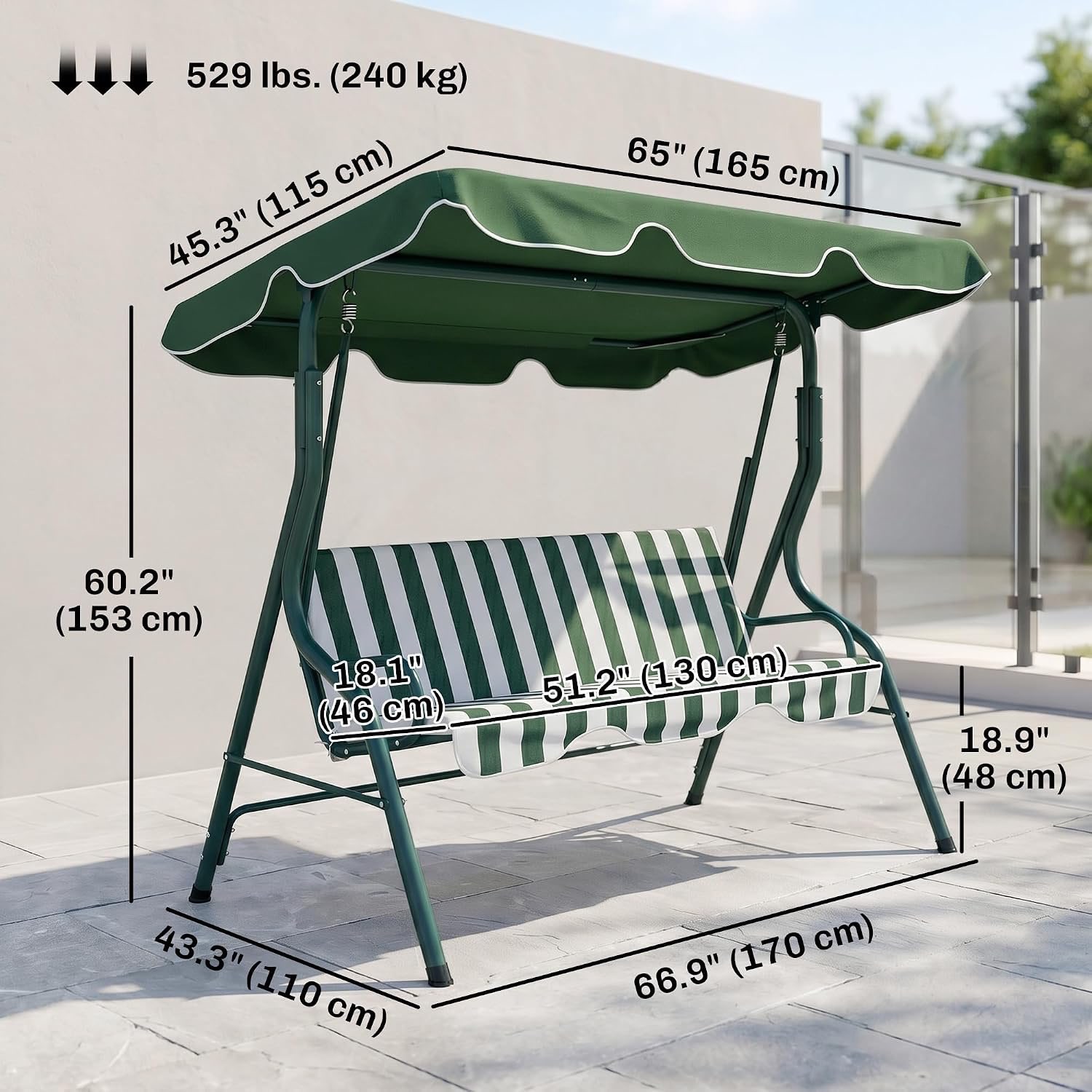 3-Seat Green/White Outdoor Swing Adjustable Canopy and Cushion - photo 2