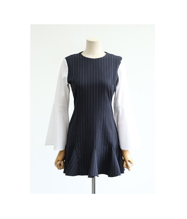 Made in Korea NEW Navy Blue Pinstripe Mini Dress Bell Sleeves