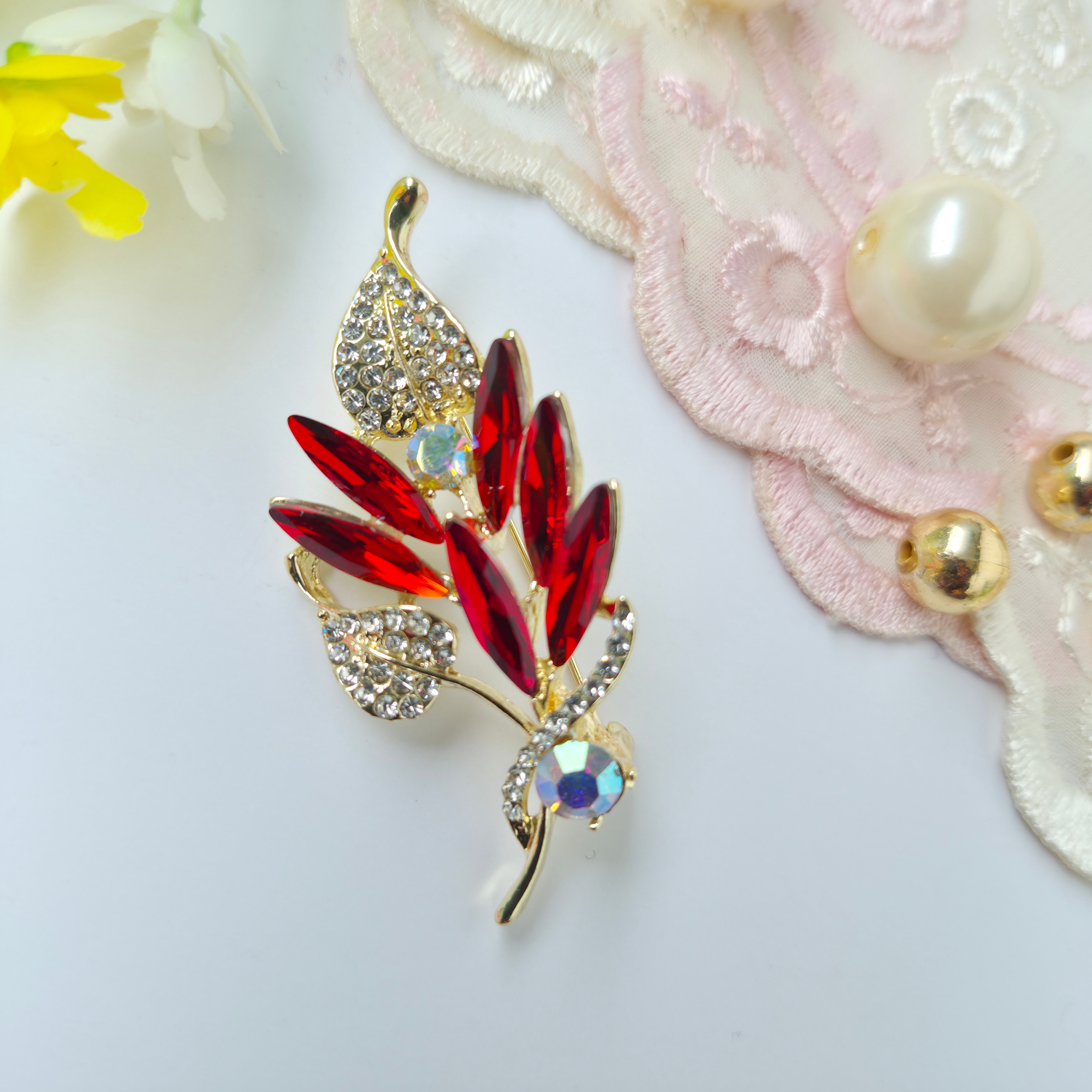 ✨ Ruby Red Crystal Leaf Brooch by Rabloo Accessories