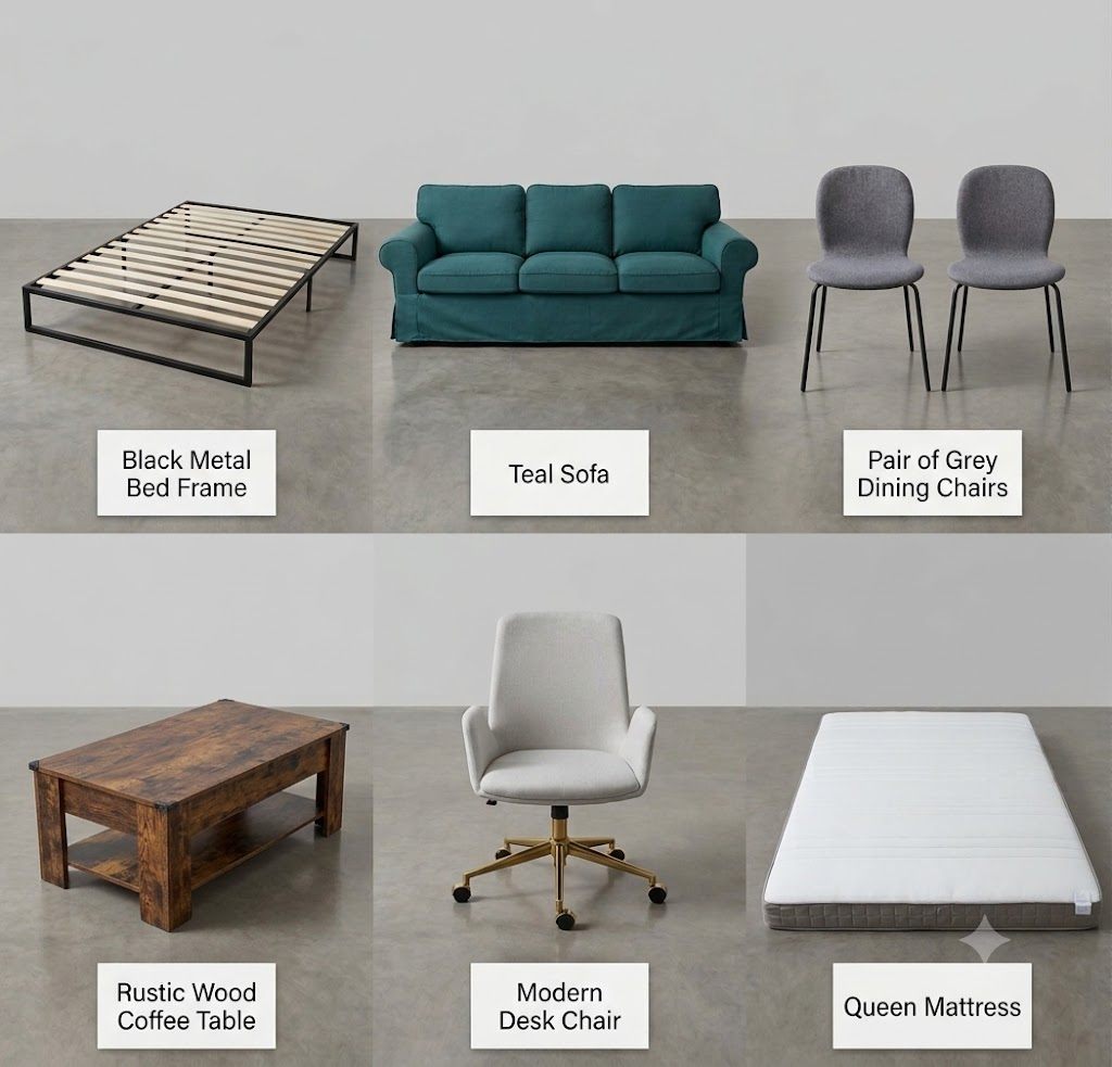 Multiple items (bedframe, sofa, chairs, table, chair, mattress)