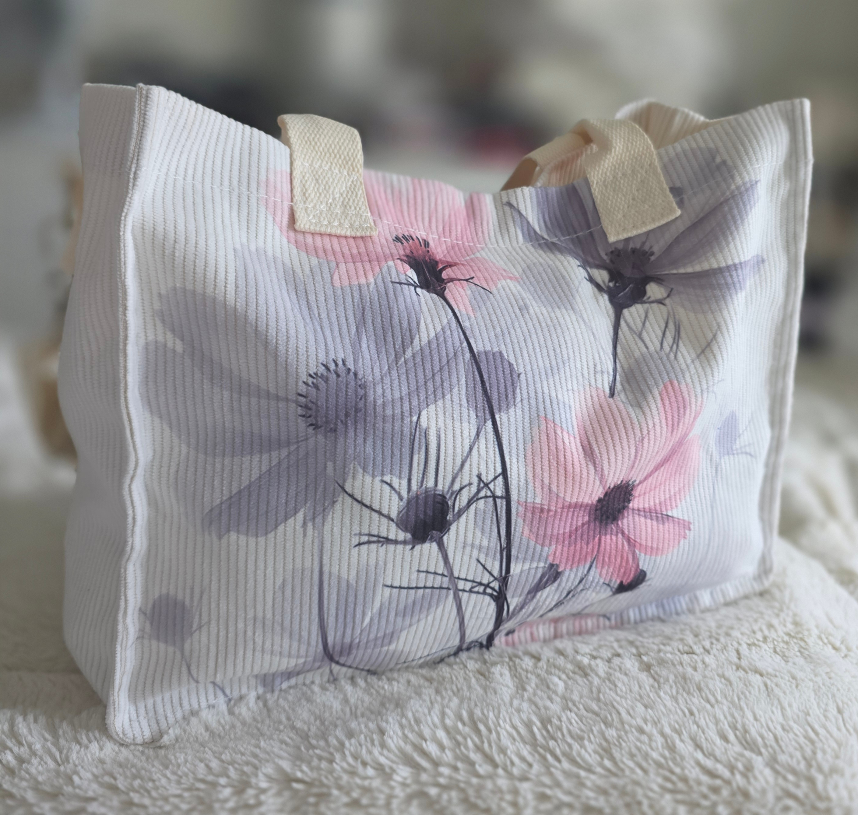 Ladies-Medium-Summer Style "Pink-Gray Floral" Corduroy Tote Bag - photo 5