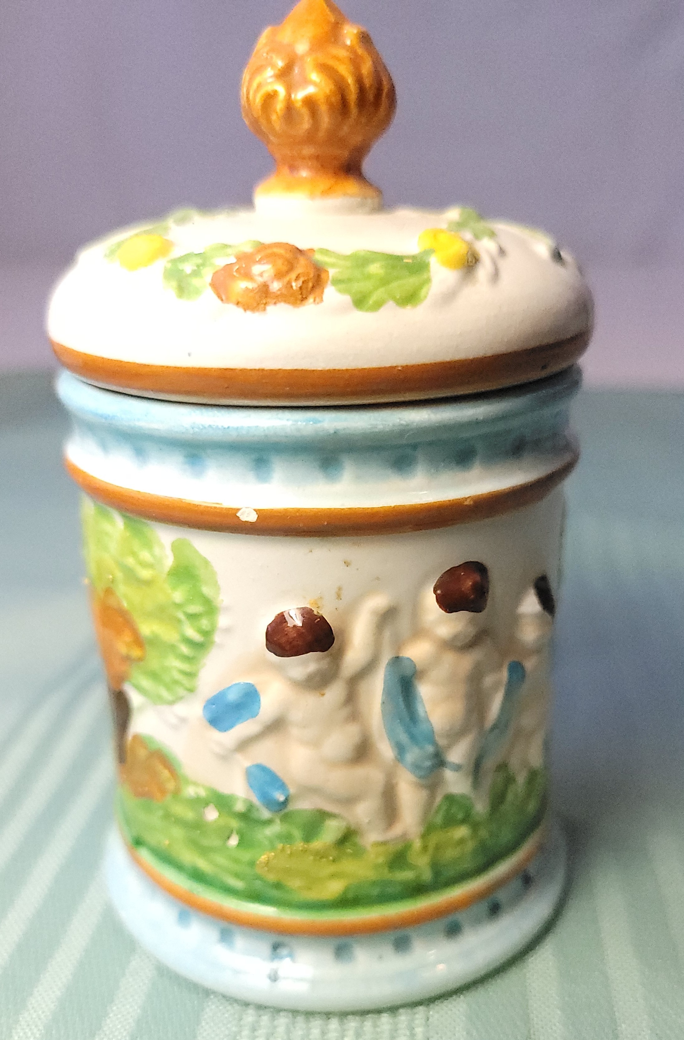1965 Italian Ceramic Cherub Putti Lidded Jar | Hand Painted