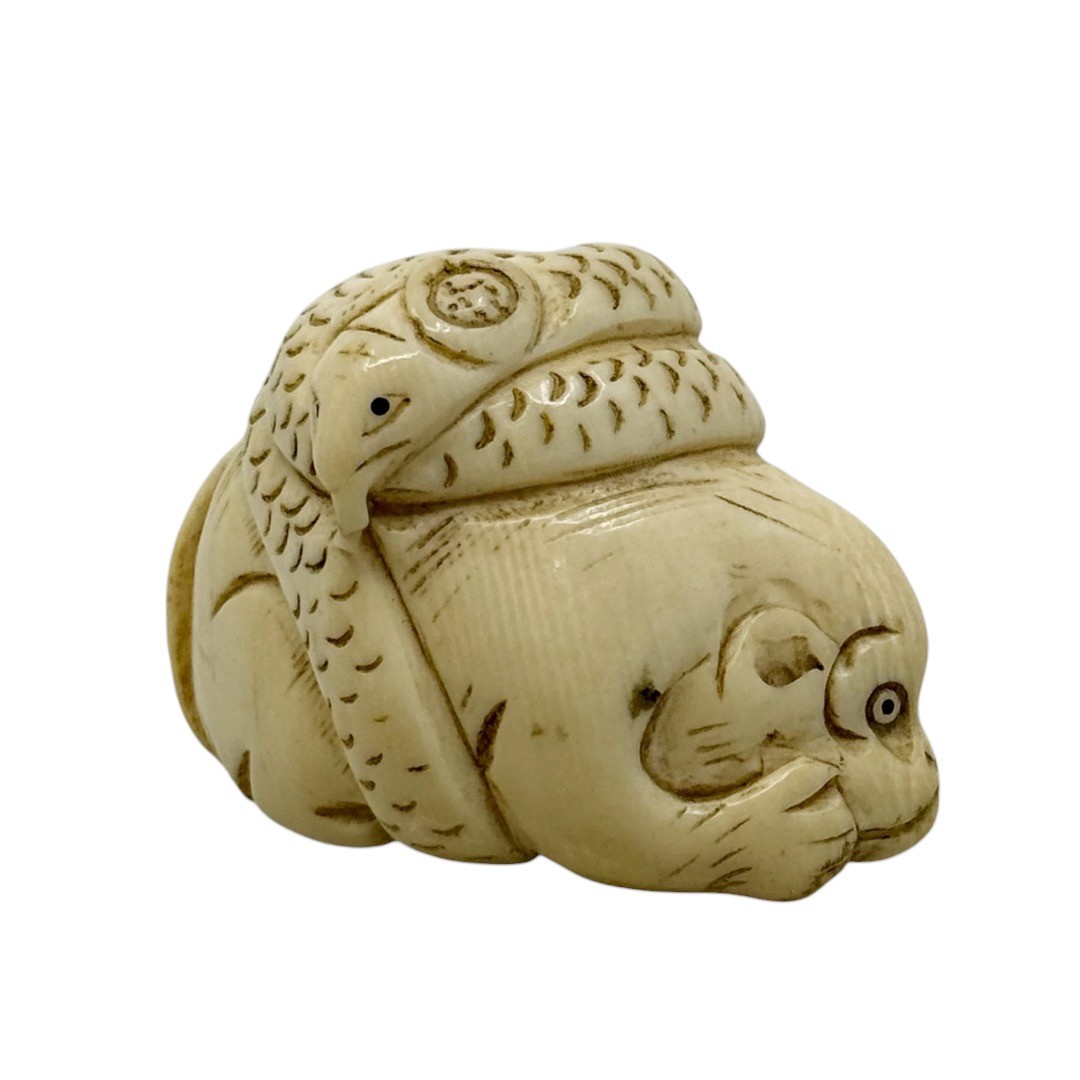 Meiji - Taisho carved Bone monkey & snake Japanese netsuke