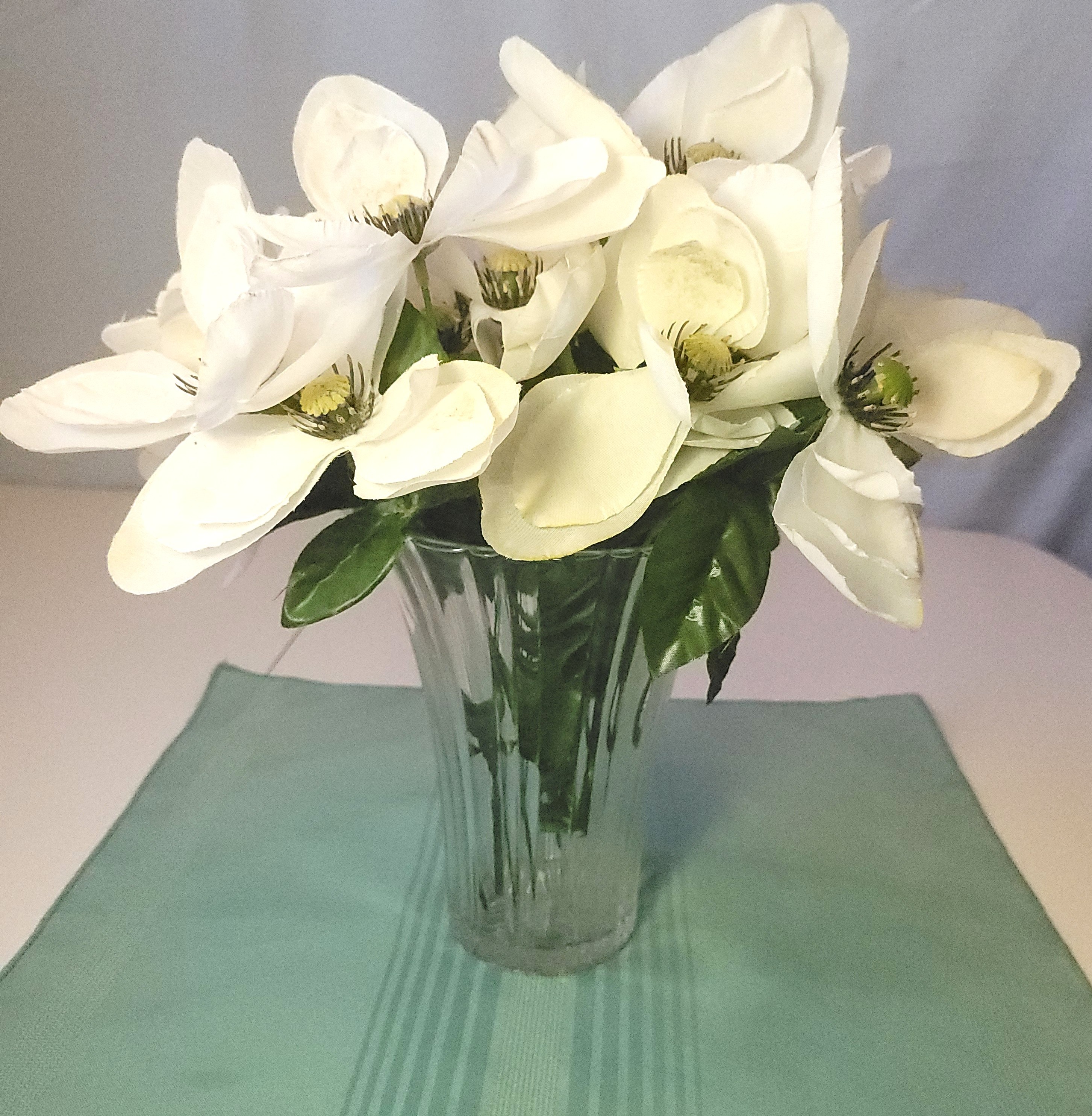 Clear Fluted Glass Vase Late 70s with Faux White Floral Arrang.
