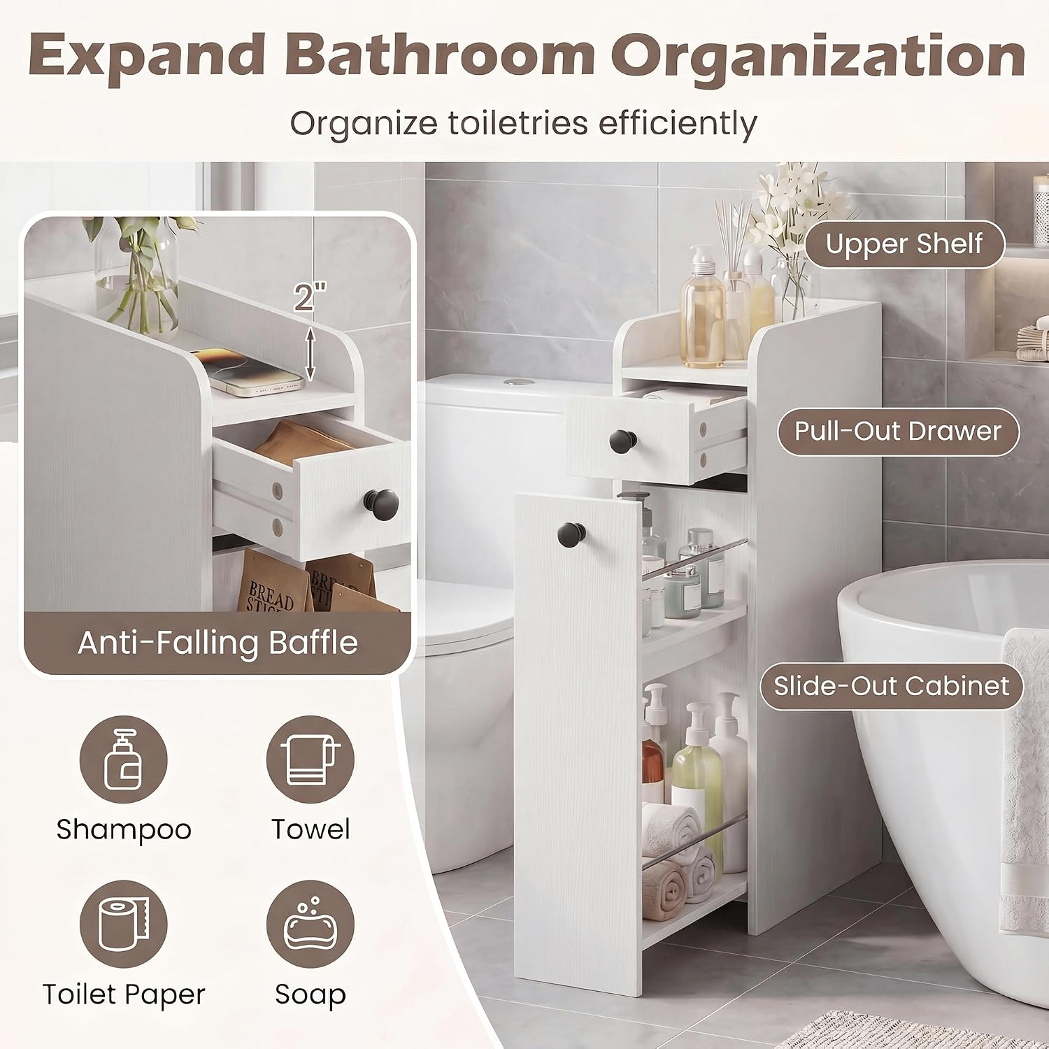 COSTWAY Slim Bathroom Cabinet 7 Inch Wide Storage Organizer - photo 2