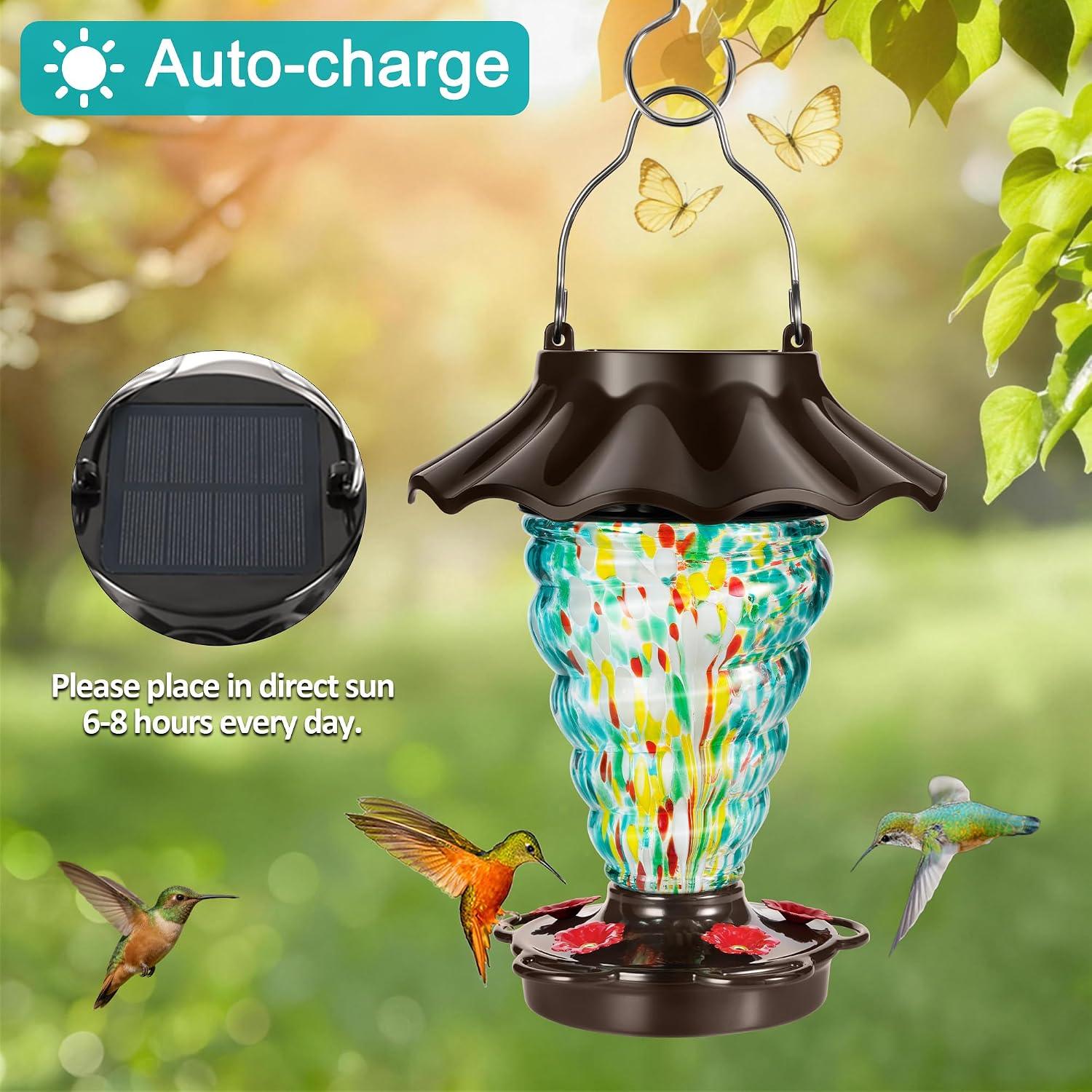 Spiral Glass Hummingbird Feeder w Solar RGB Lantern, 28 oz, Teal - photo 3