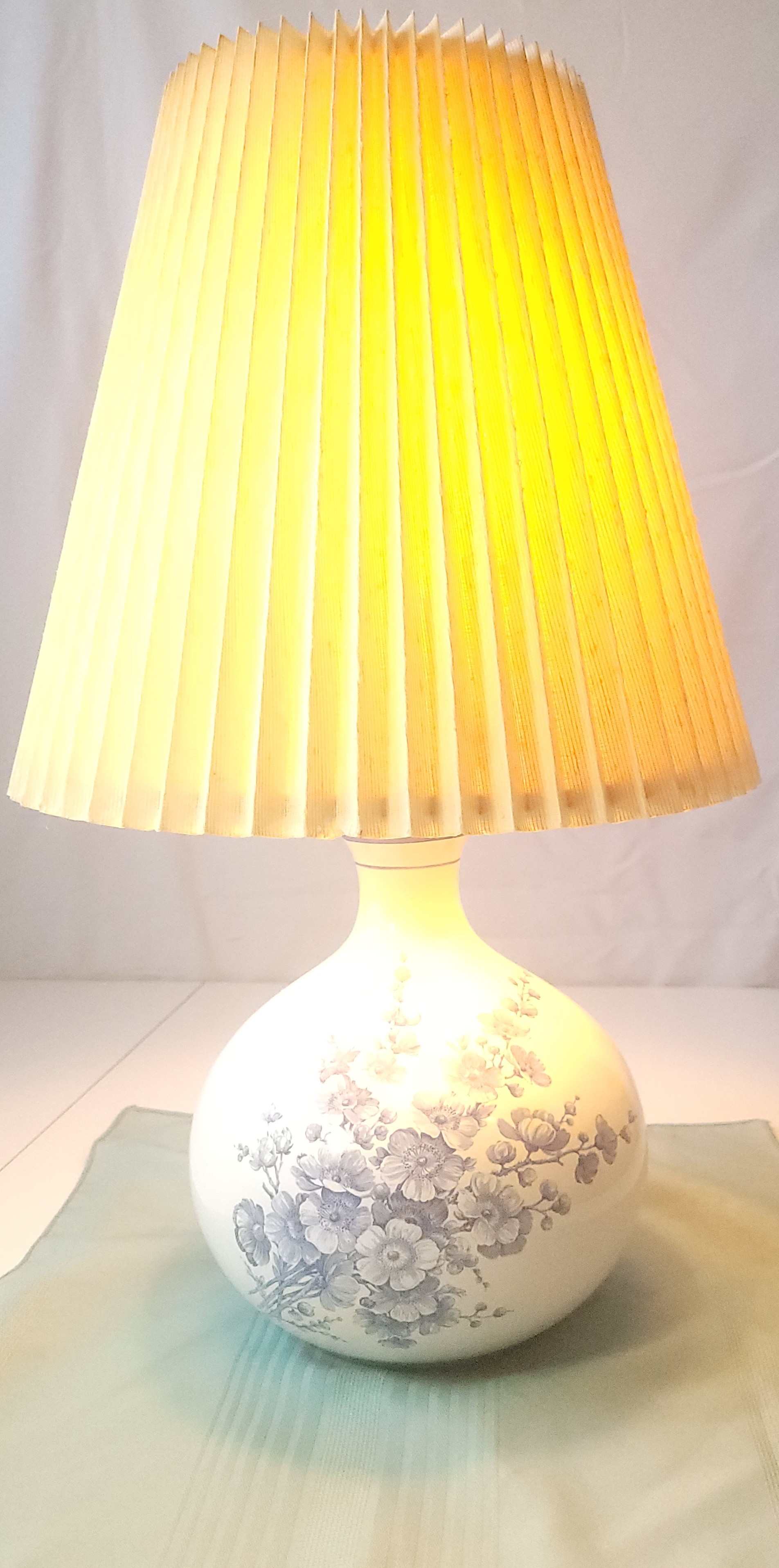 Ceramic Floral Table Lamp with Pleated Shade Blue and White 70s