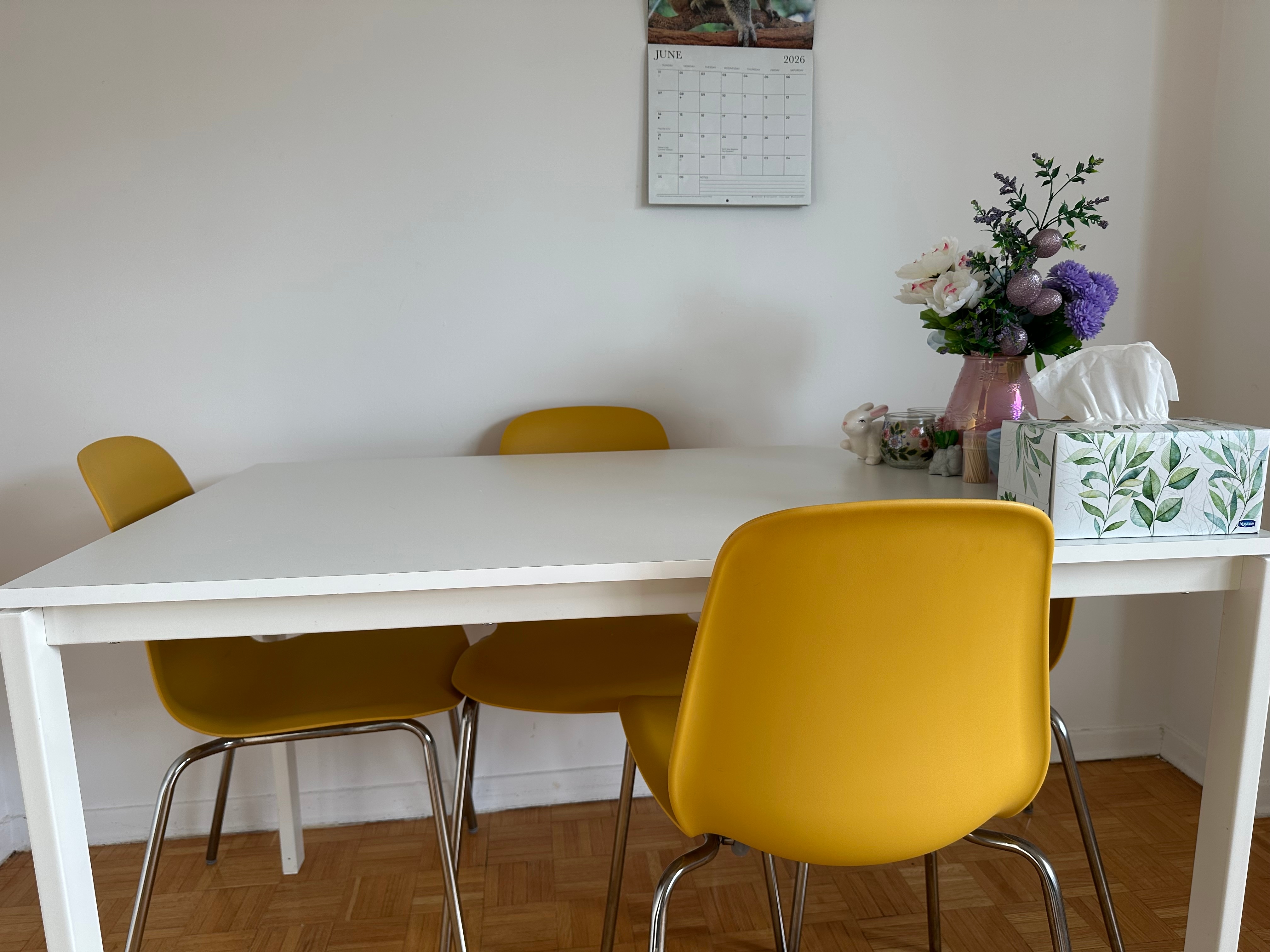 Modern White Dining Table Set with 4 Mustard Yellow Chairs - photo 2