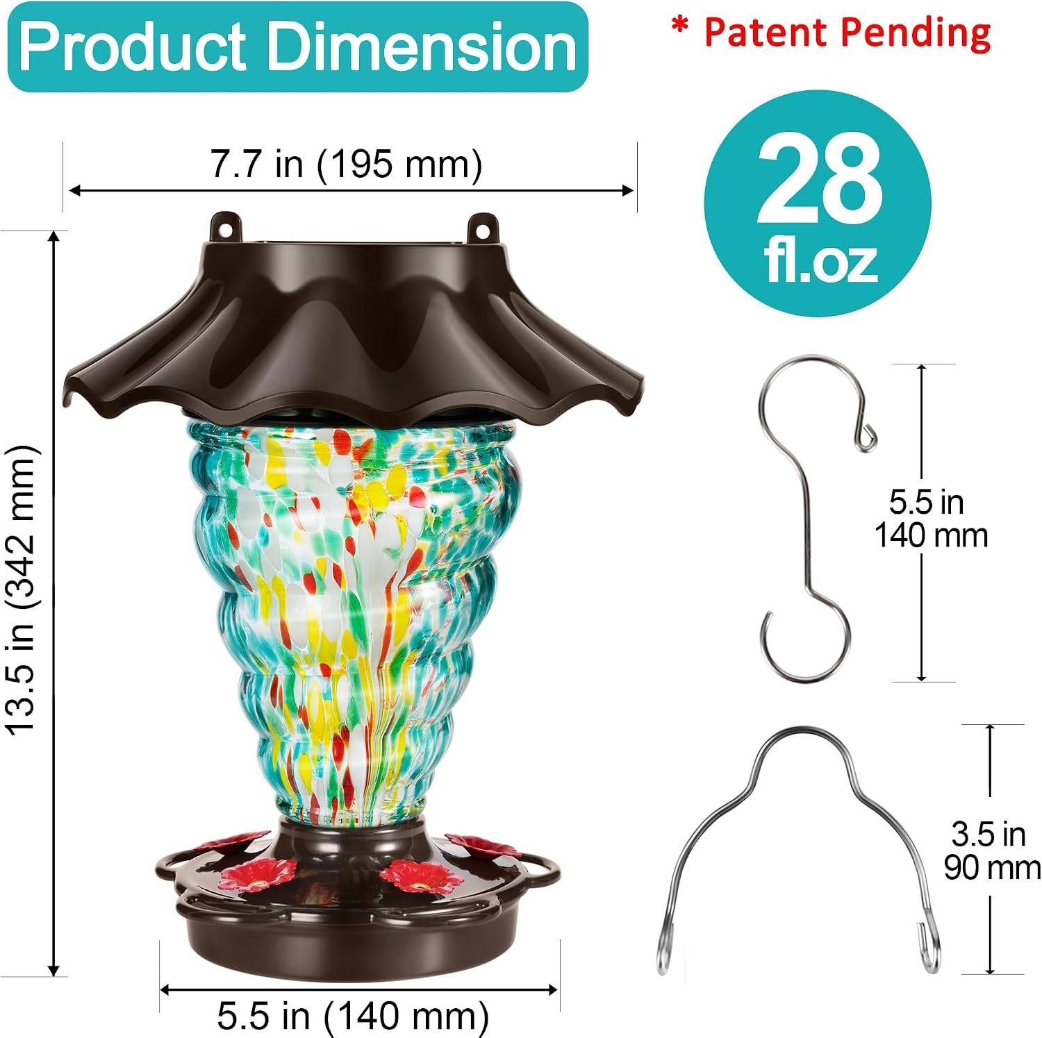 Spiral Glass Hummingbird Feeder w Solar RGB Lantern, 28 oz, Teal - photo 2