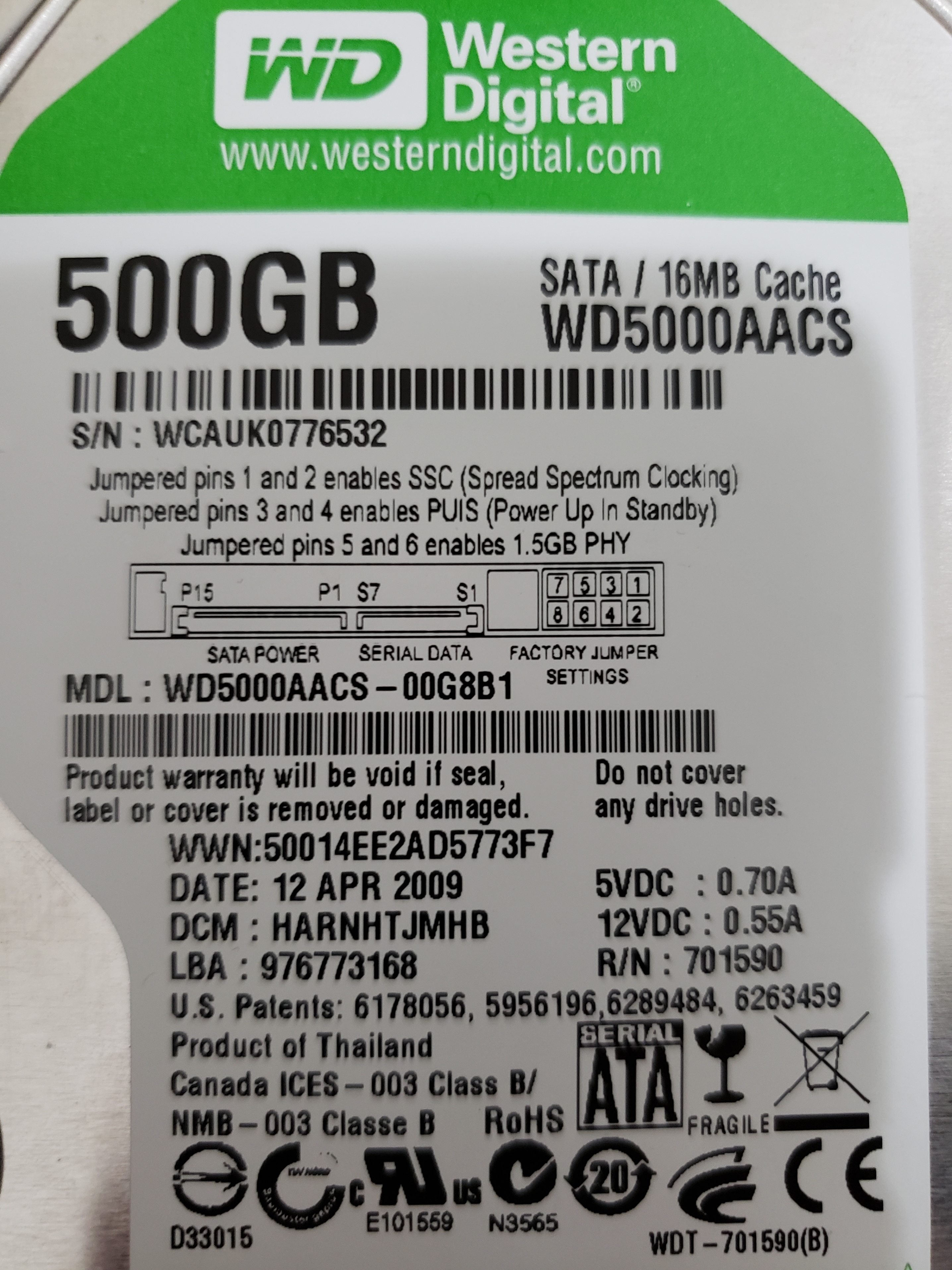 Western Digital 500 GB Computer Hard Drive $20