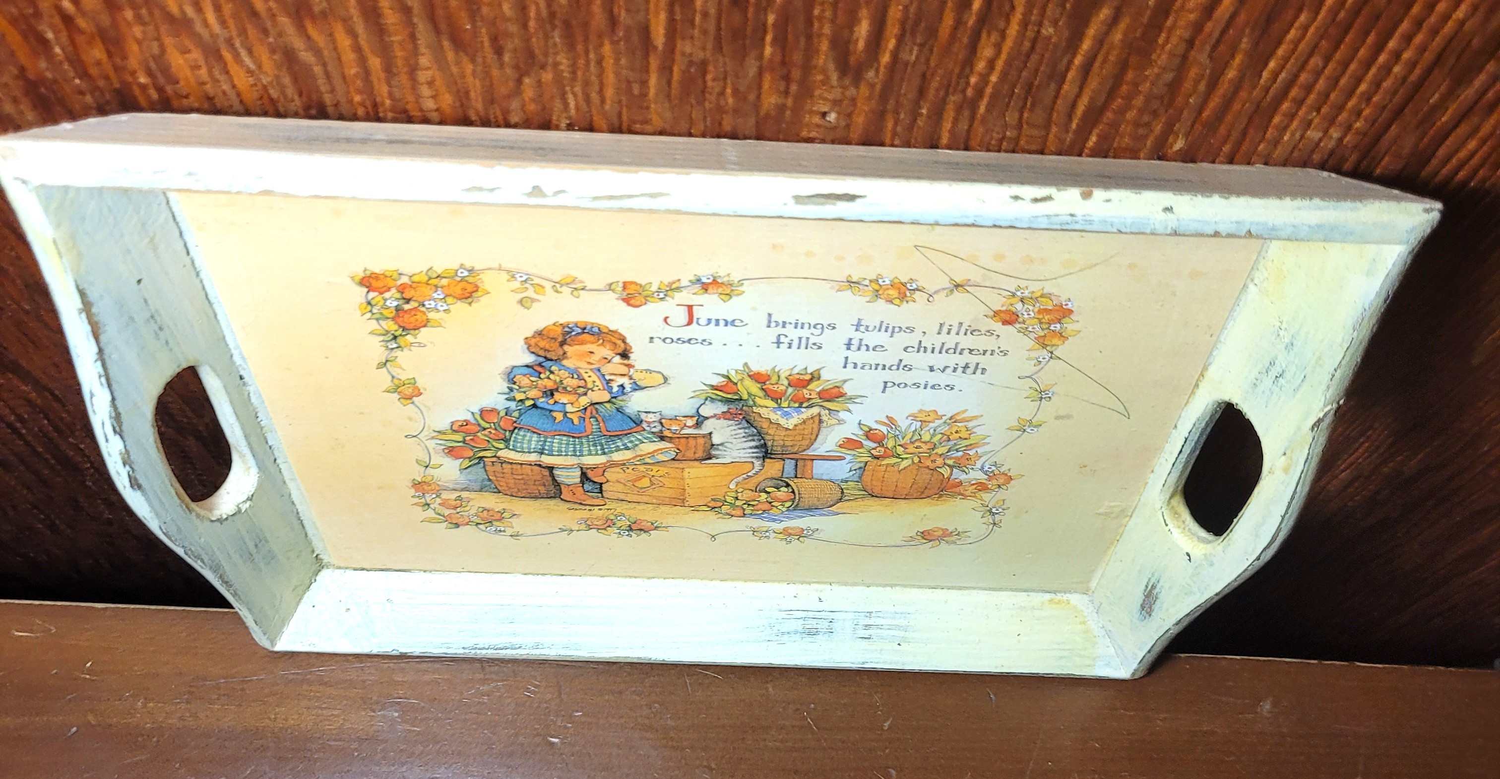 Shabby Chic Wooden Serving Tray Cottagecore June Poem Cat Decor - photo 5