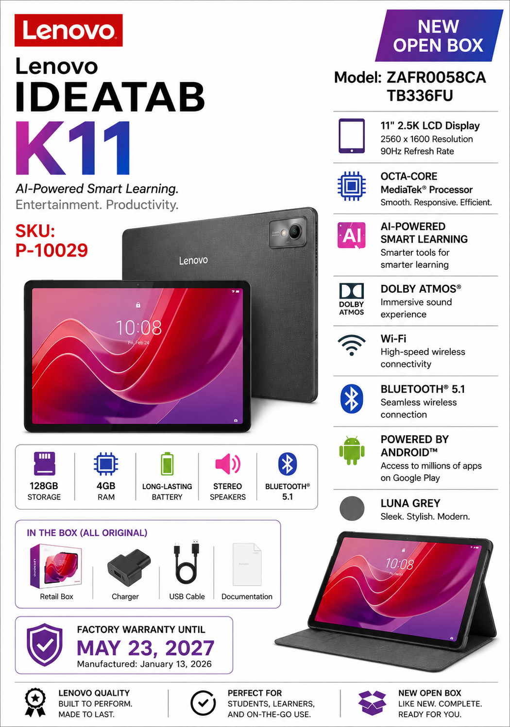 Lenovo IdeaTab K11 11" Tablet 128GB 2.5K Display New Open Box