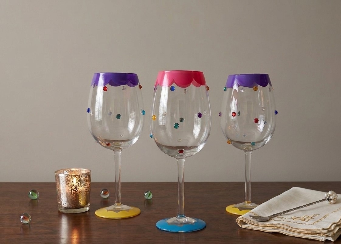 Set of 3 Hand-Painted Wine Glasses