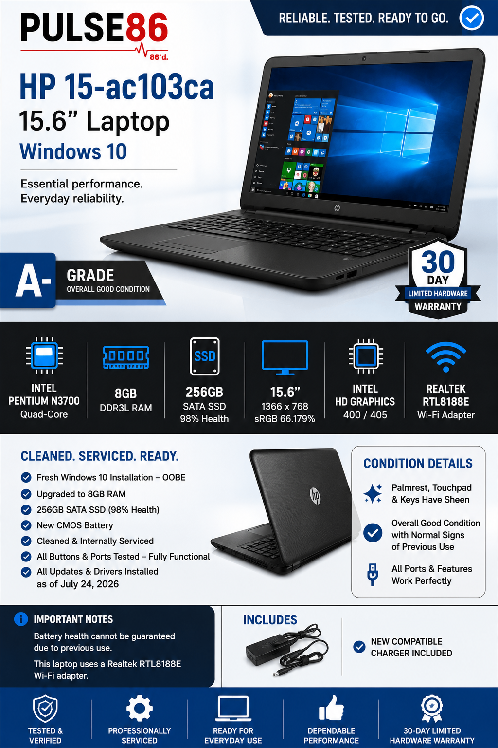 HP 15-ac103ca Laptop | 8GB RAM | 256GB SSD | Windows 10 | Ready