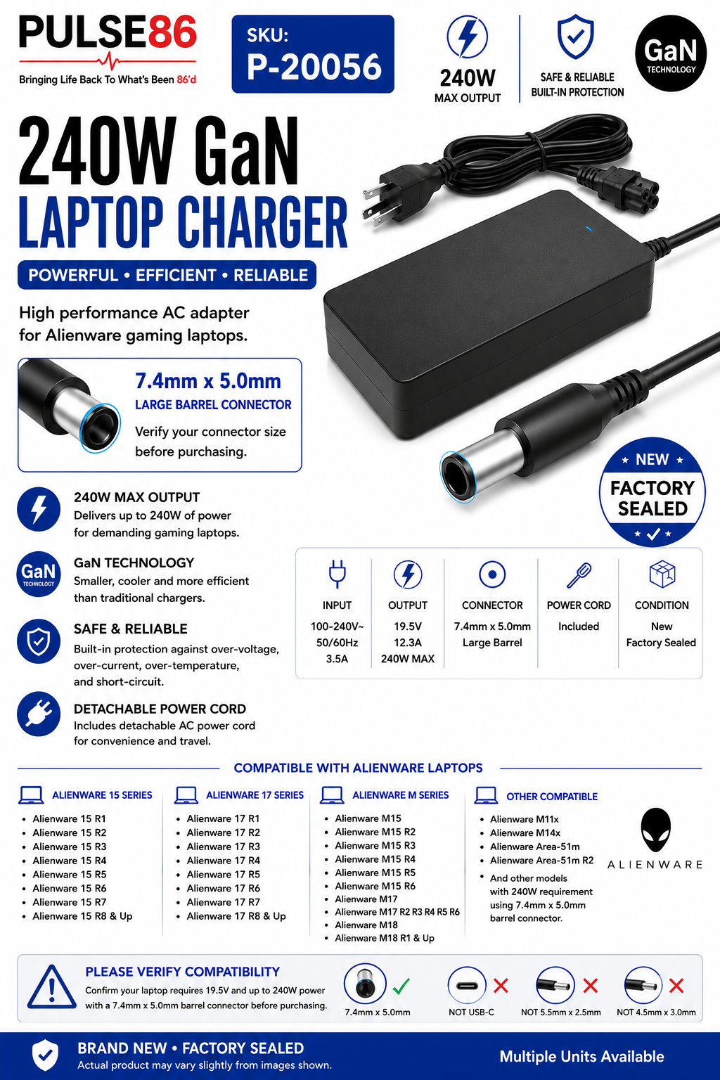 Dell / Alienware 240W GaN Laptop Charger – 7.4mm New Sealed