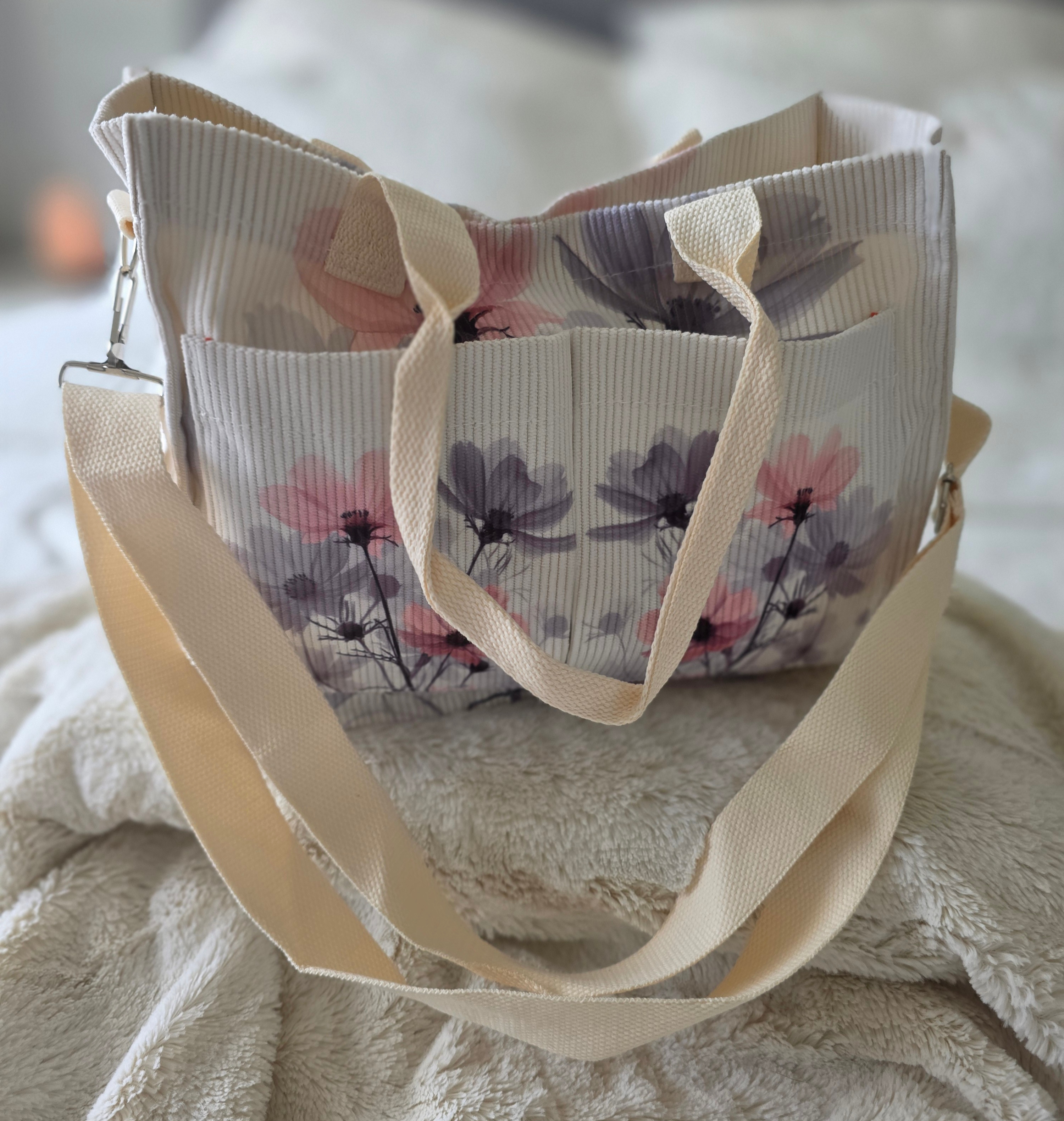 Ladies-Medium-Summer Style "Pink-Gray Floral" Corduroy Tote Bag - photo 2