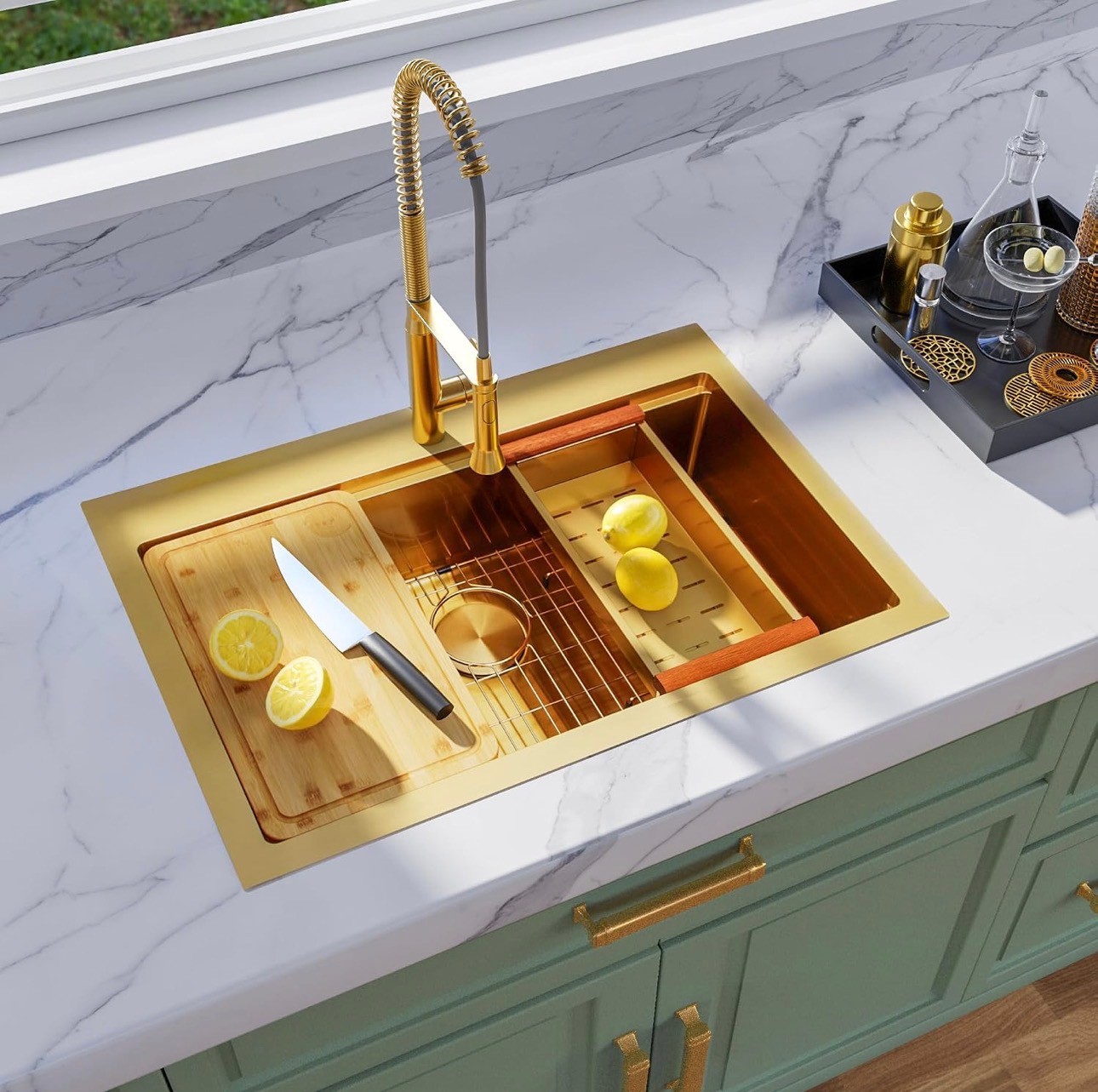 NEW: Kitchen Sink 33x22x9" Gold Soundproof 304 Stainless Steel - photo 5