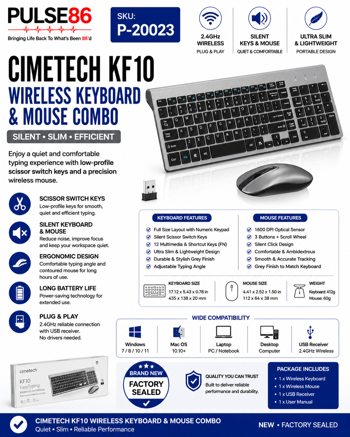 Cimetech KF10 Wireless Keyboard & Mouse Combo Keys Grey New