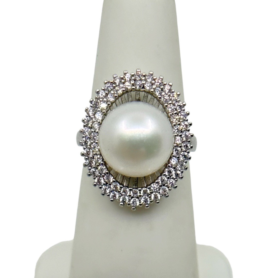 925 sterling silver 11mm freshwater pearl & cubic zirconia ring