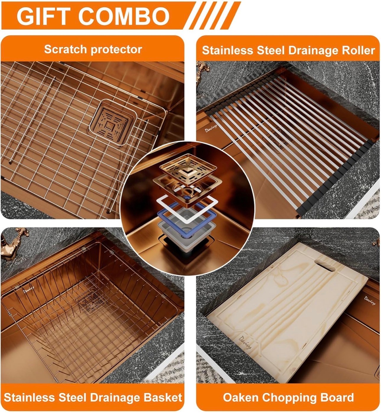 Kitchen Sink 32x22x9" Rose Gold Stainless Double Bowl 16 Gauge - photo 4