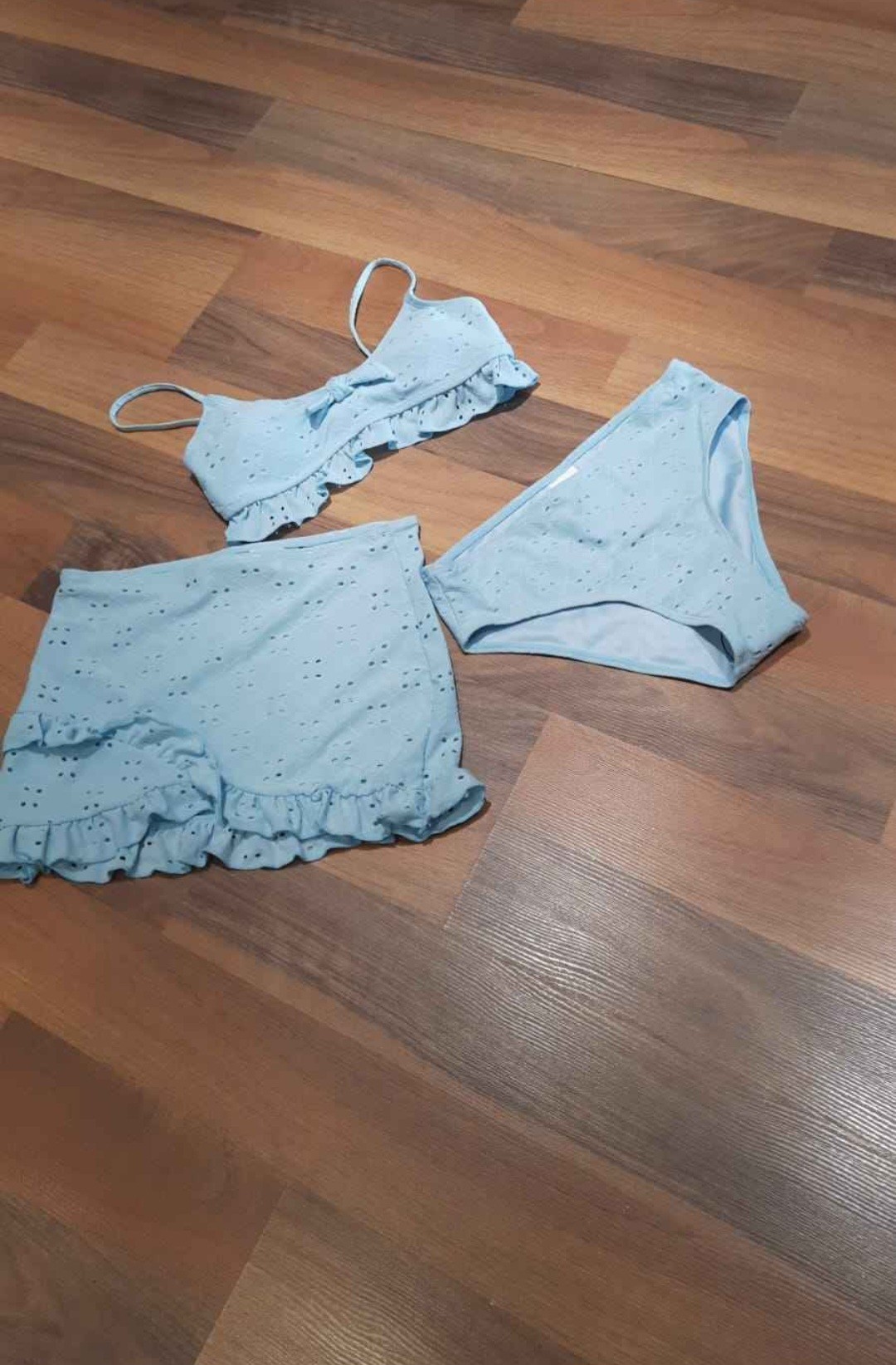 3-Piece Light Blue Eyelet Ruffle Teen Bikini Set