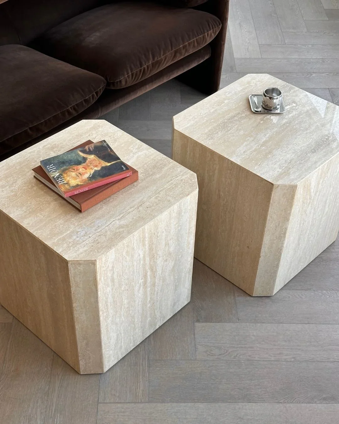 2 Italian Travertine Octagonal Cube Post Modern side end table - photo 2
