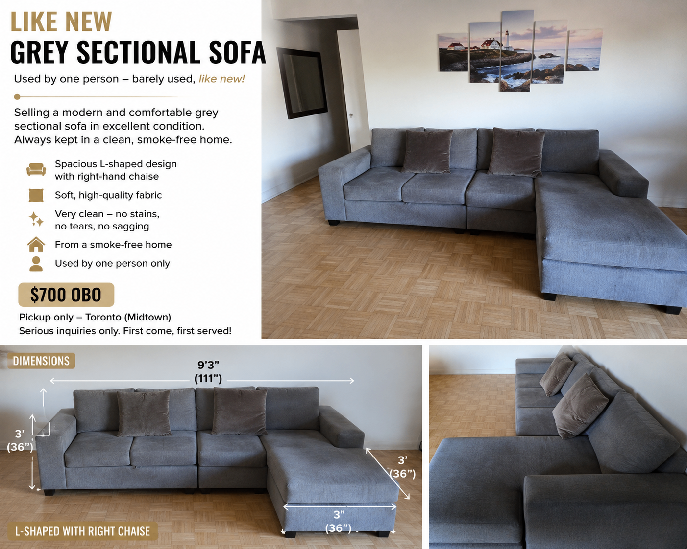 Like-New Grey Sectional Sofa