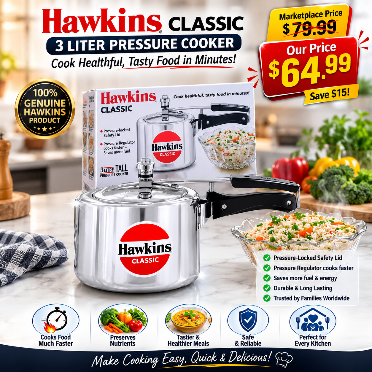 Hawkins Classic 3L Pressure Cooker | Brand New | - photo 3