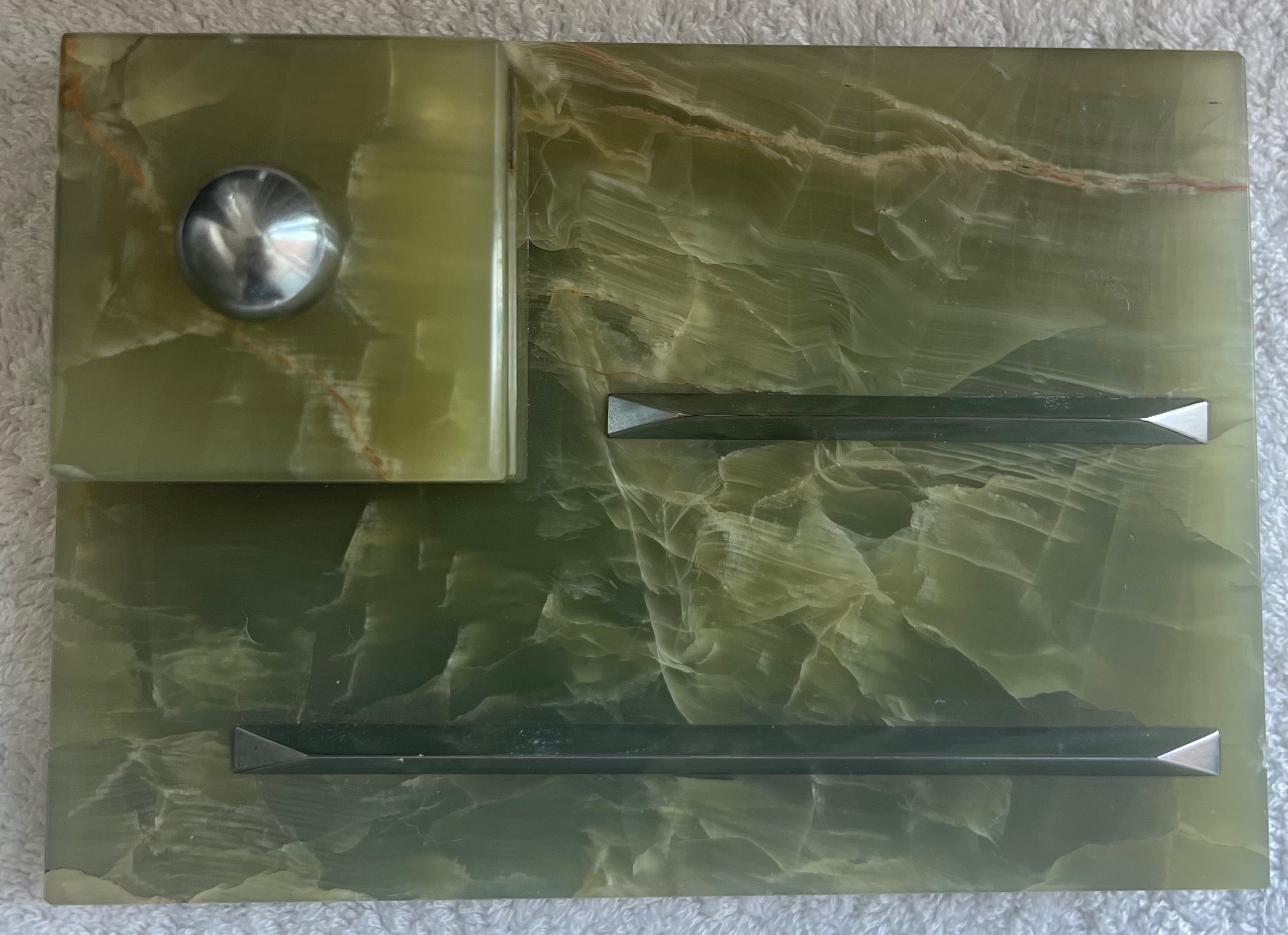 Vintage Italian Green Onyx Marble Desk Inkwell Pen Stand - photo 4