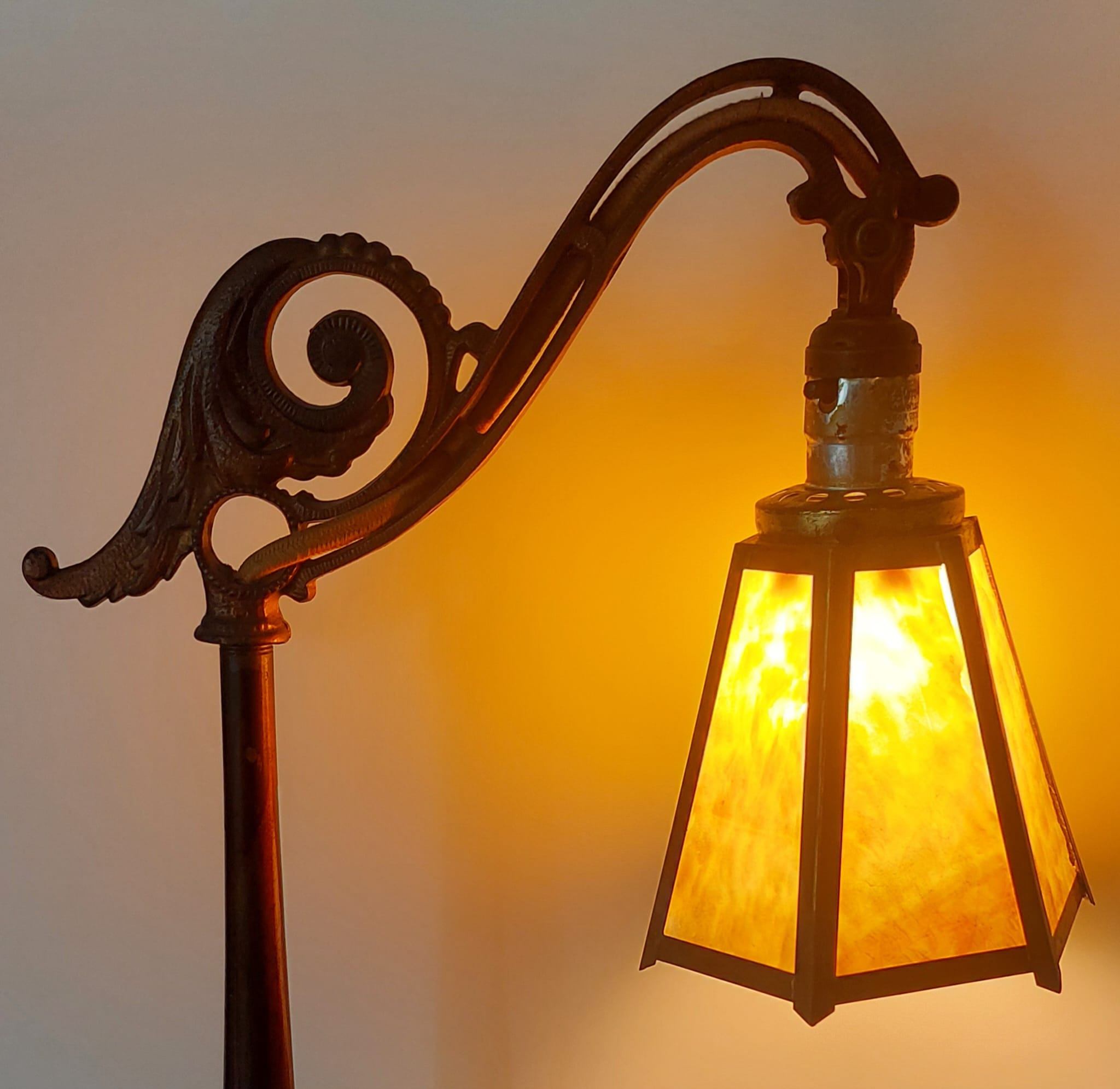 1920s Antique Bridge Arm Floor Lamp - Caramel Slag Glass