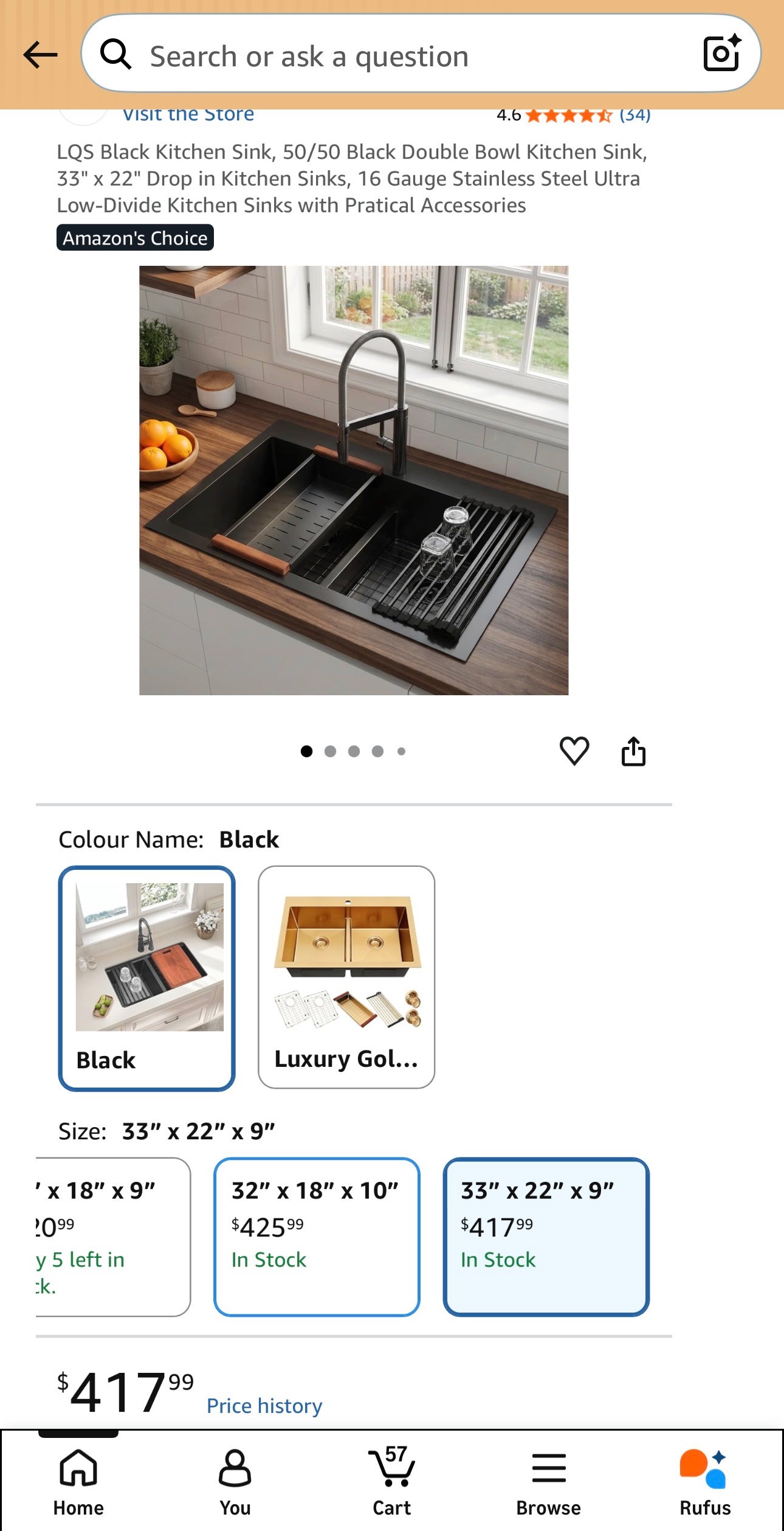 Black Double Bowl Kitchen Sink 50/50 33" x 22" 16 Gauge Stainles - photo 2