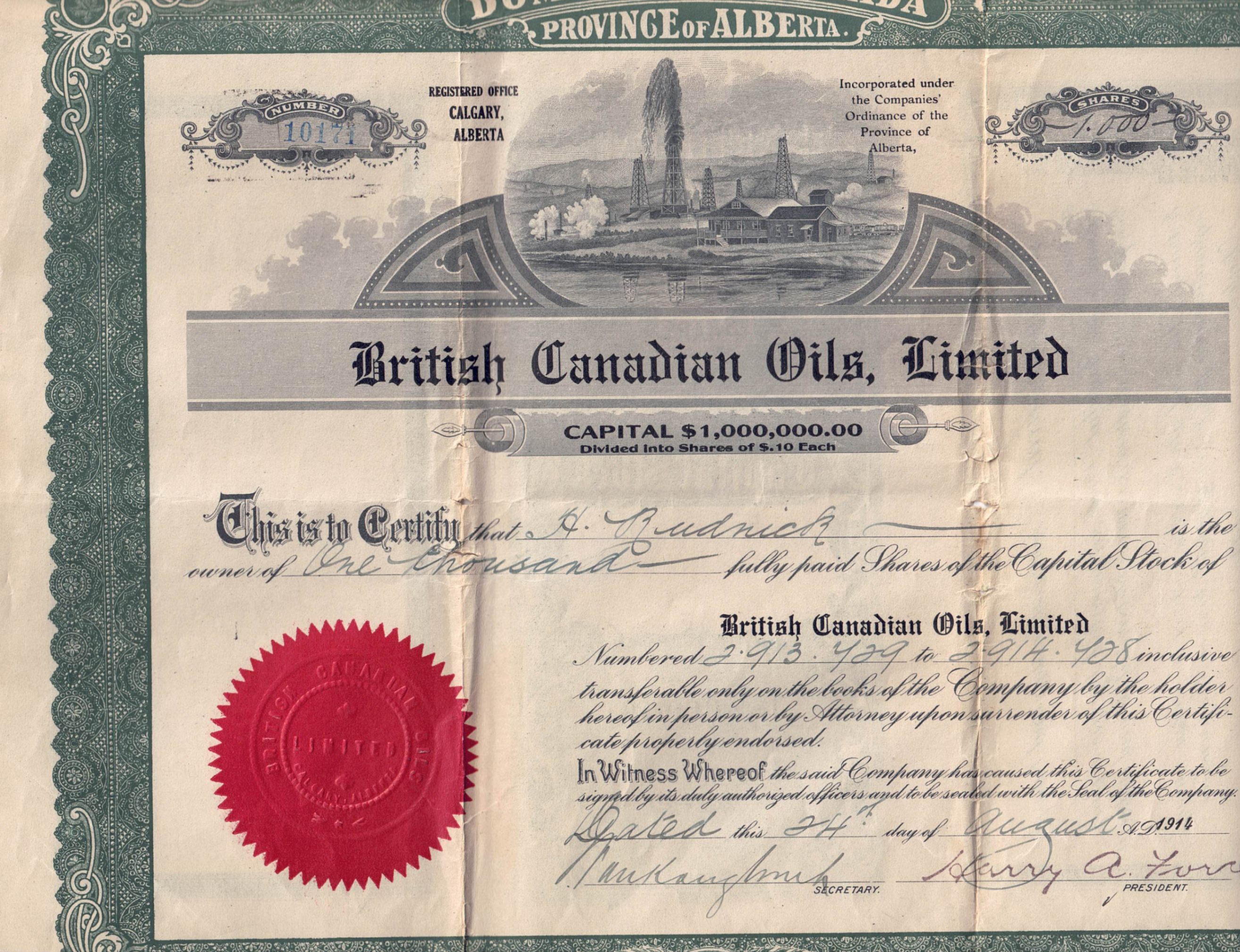 Vintage 1914–1926 Alberta Oil & Gas Stock Certificates  (13 Pcs)