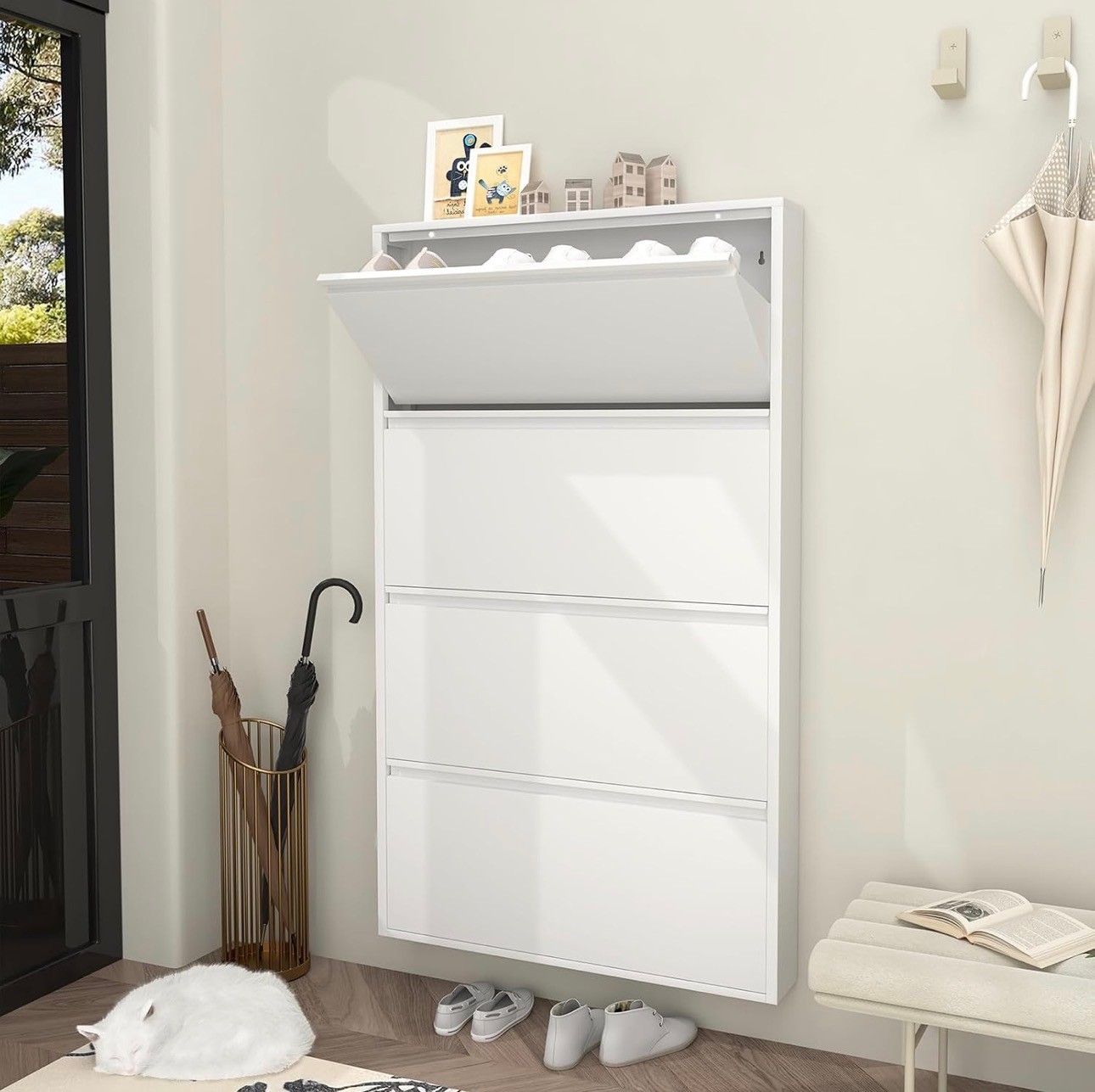 Sleek Metal Shoe Cabinet with 4 Flip Drawers Wall Mount Organize - photo 3